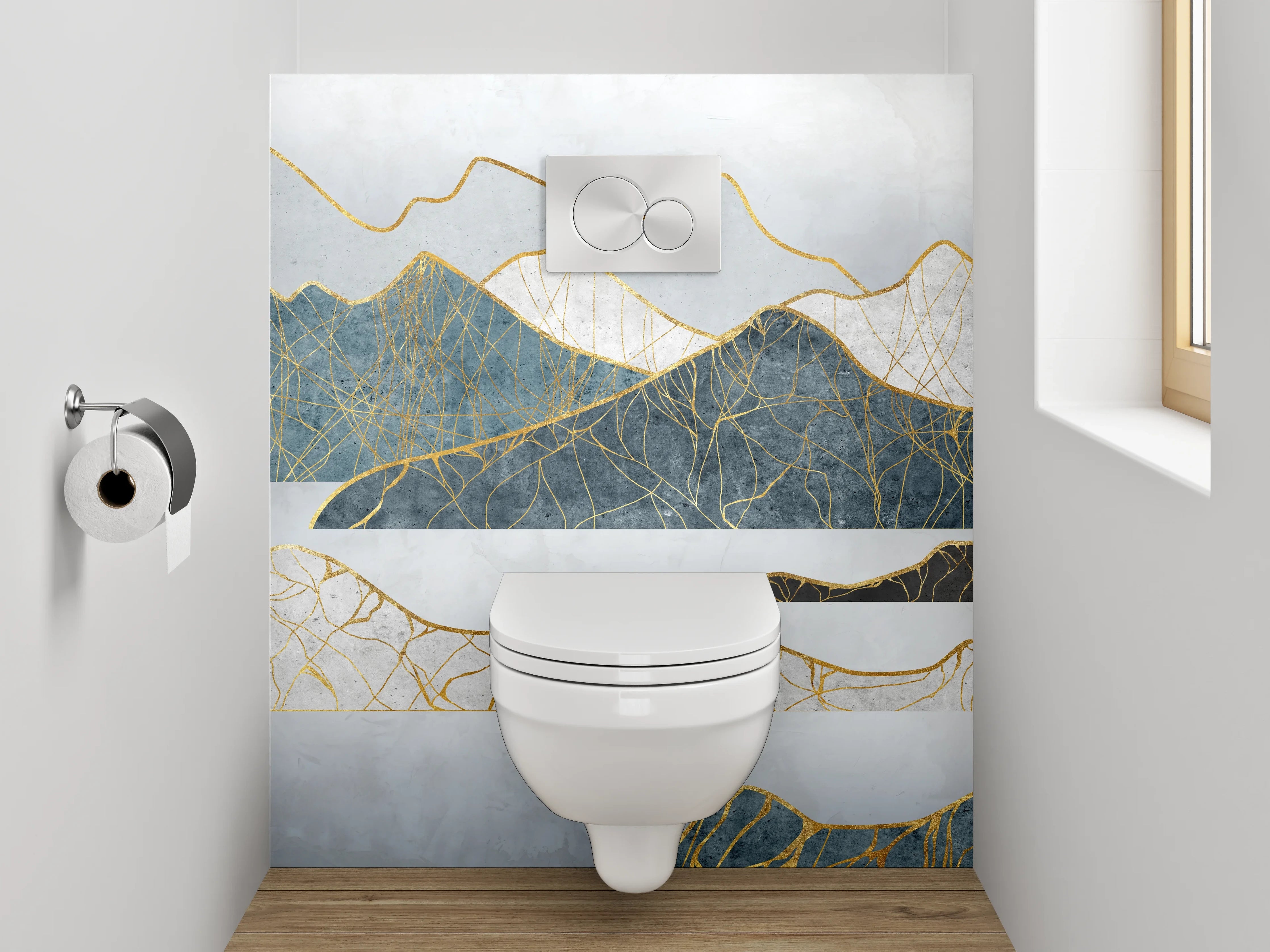 WC-Rückwand - Abstrakte Berge Goldlinien Kunst
