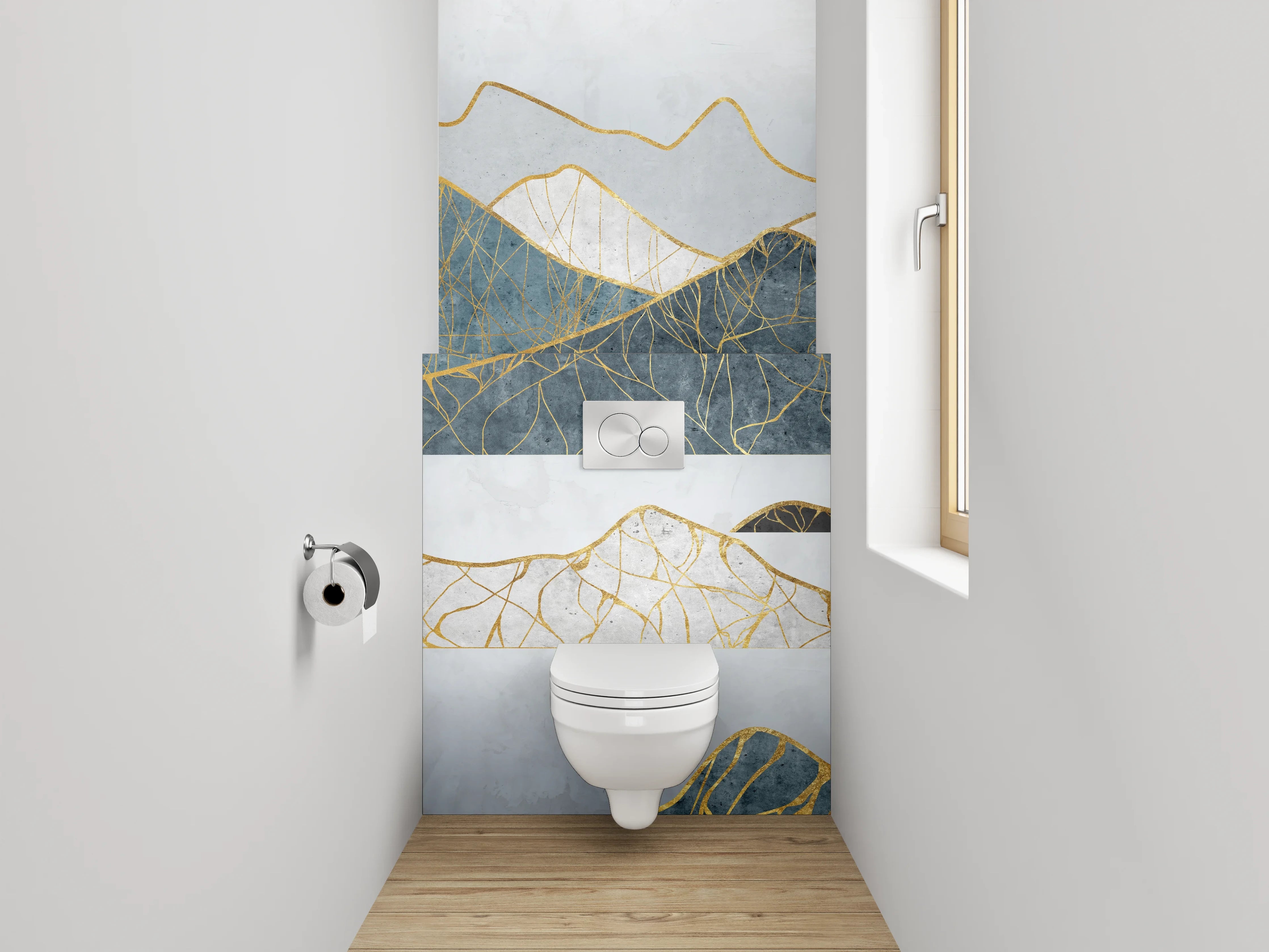 WC-Rückwand - Abstrakte Berge Goldlinien Kunst