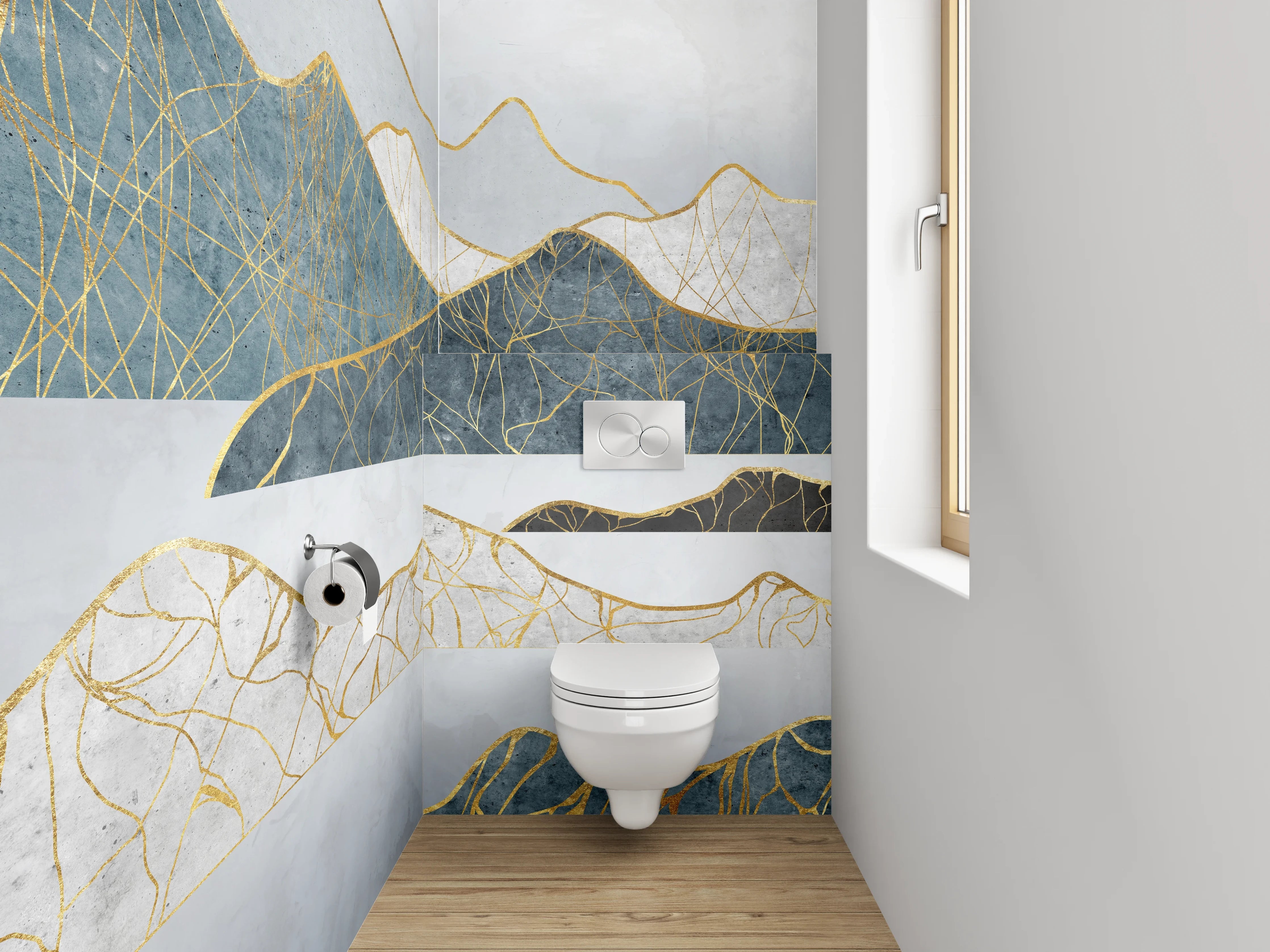 WC-Rückwand - Abstrakte Berge Goldlinien Kunst
