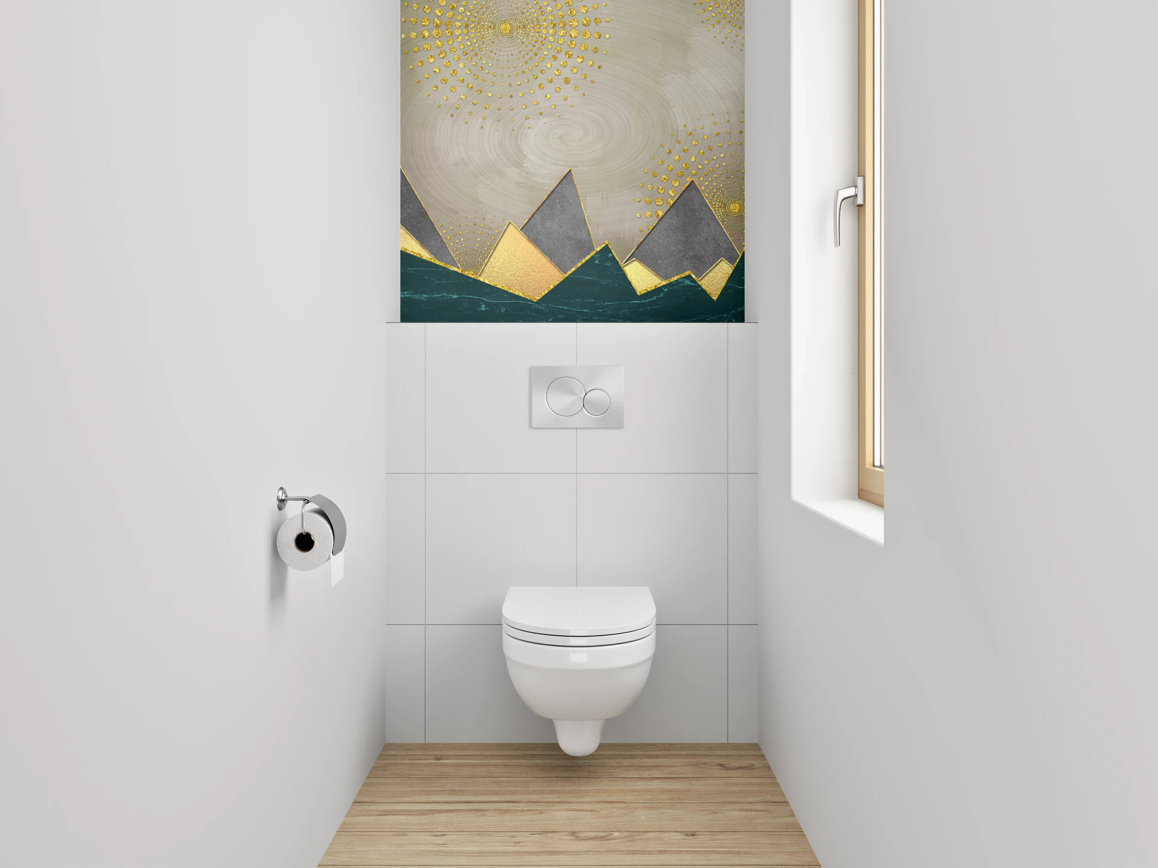 WC-Rückwand - Abstrakte Berge mit goldenen Akzenten