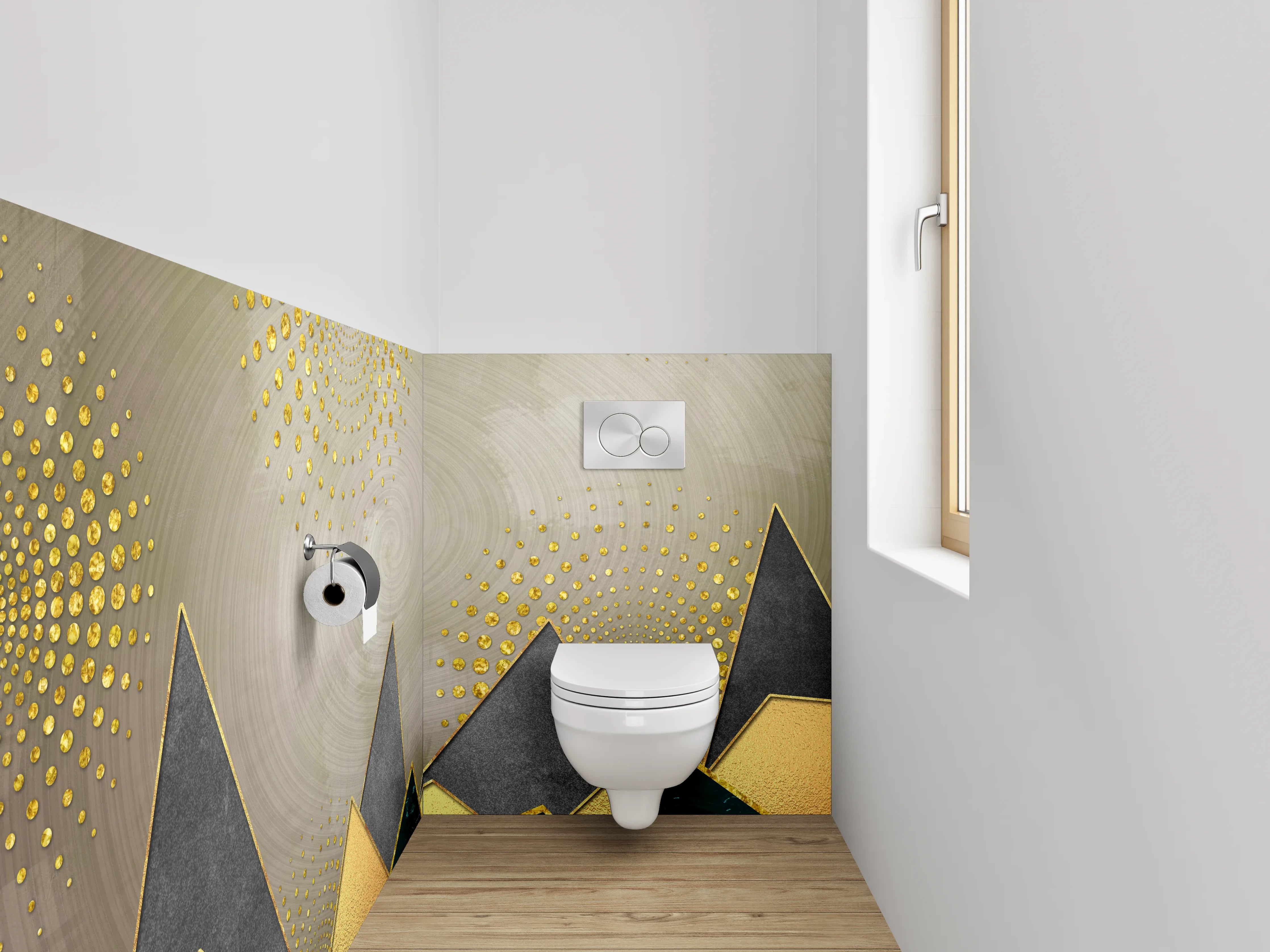 WC-Rückwand - Abstrakte Berge mit goldenen Akzenten