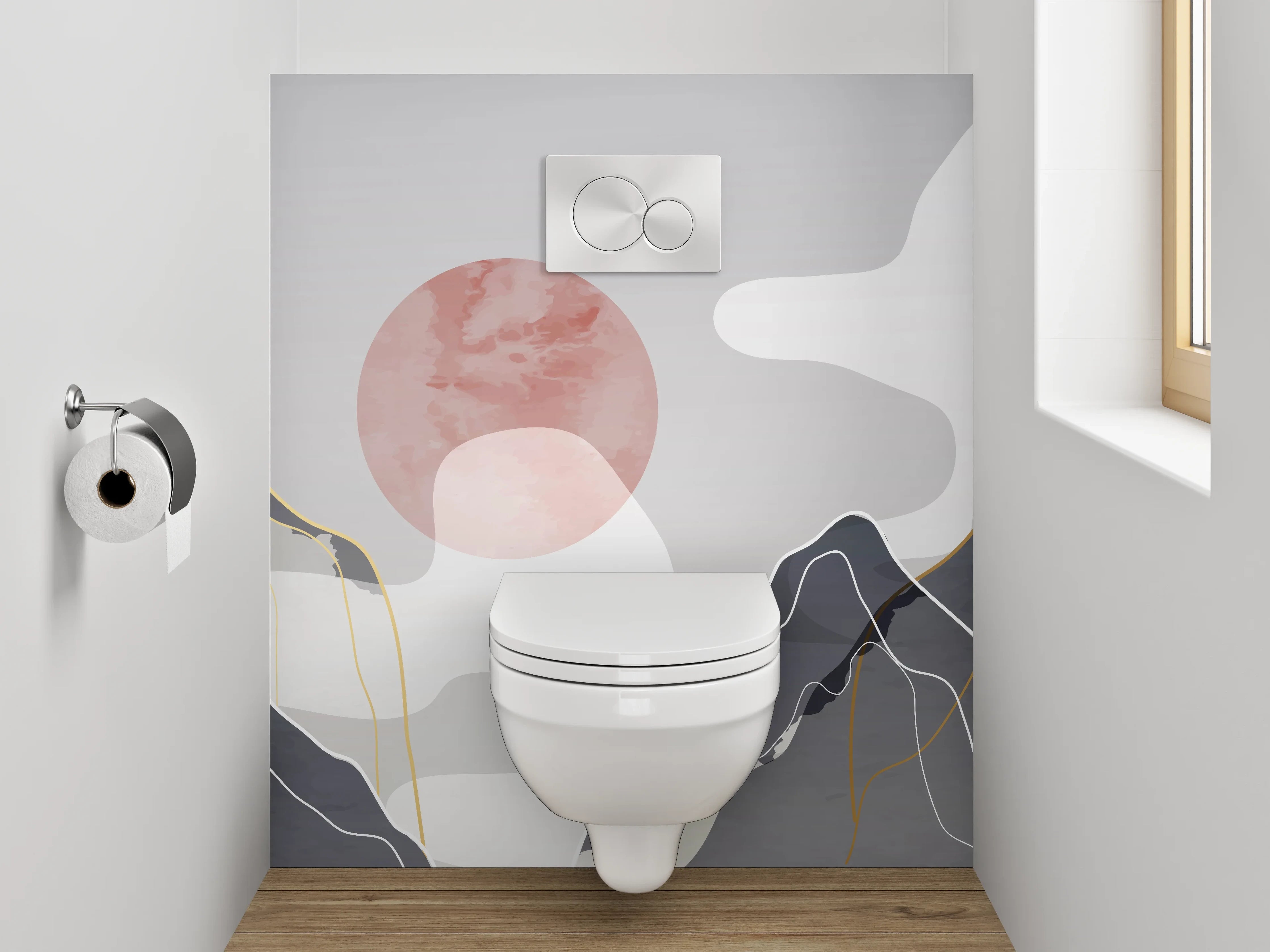 WC-Rückwand - Abstrakte Berge mit rosa Sonne