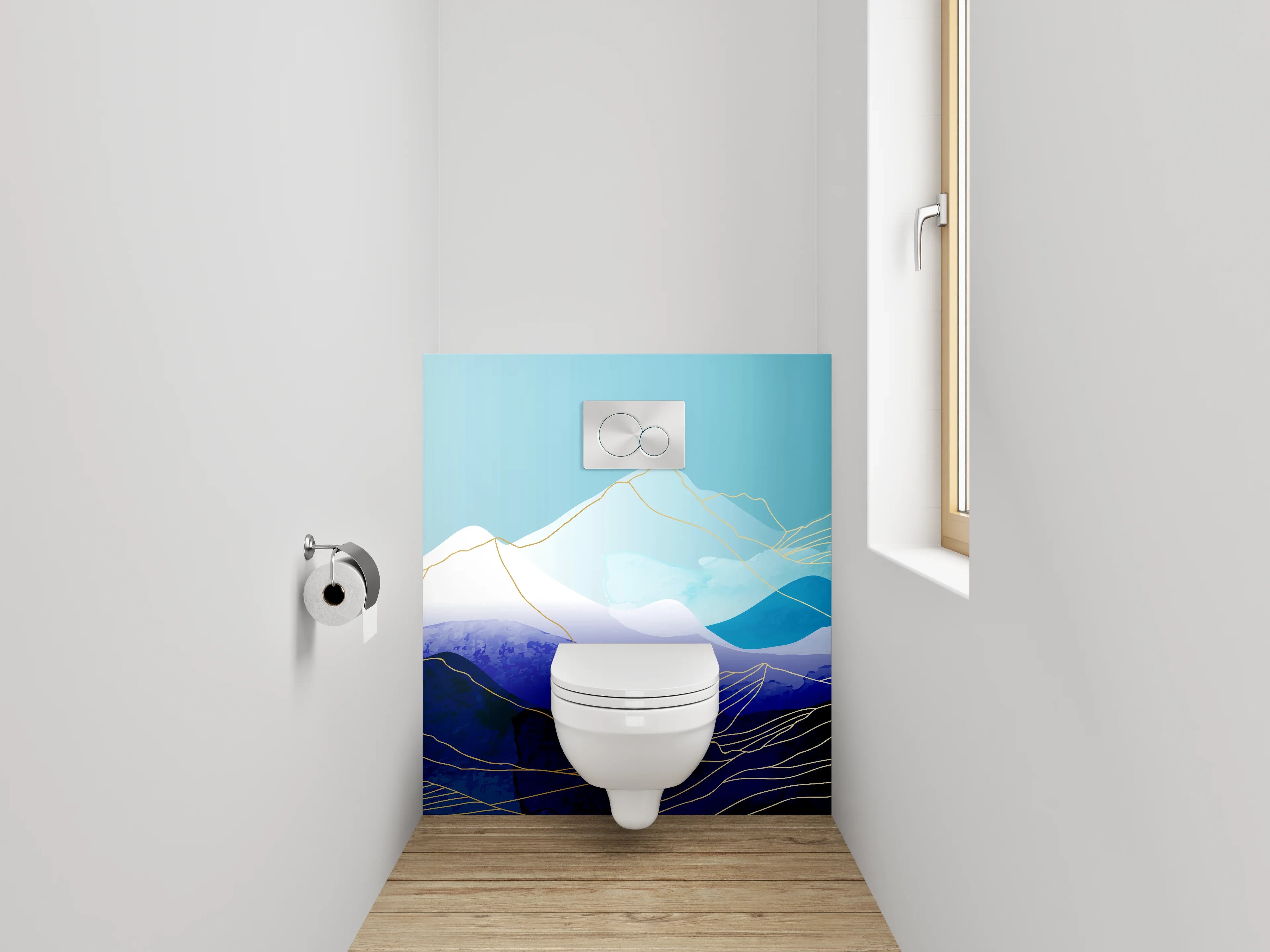 WC-Rückwand - Abstrakte Berglandschaft Aquarell Blau