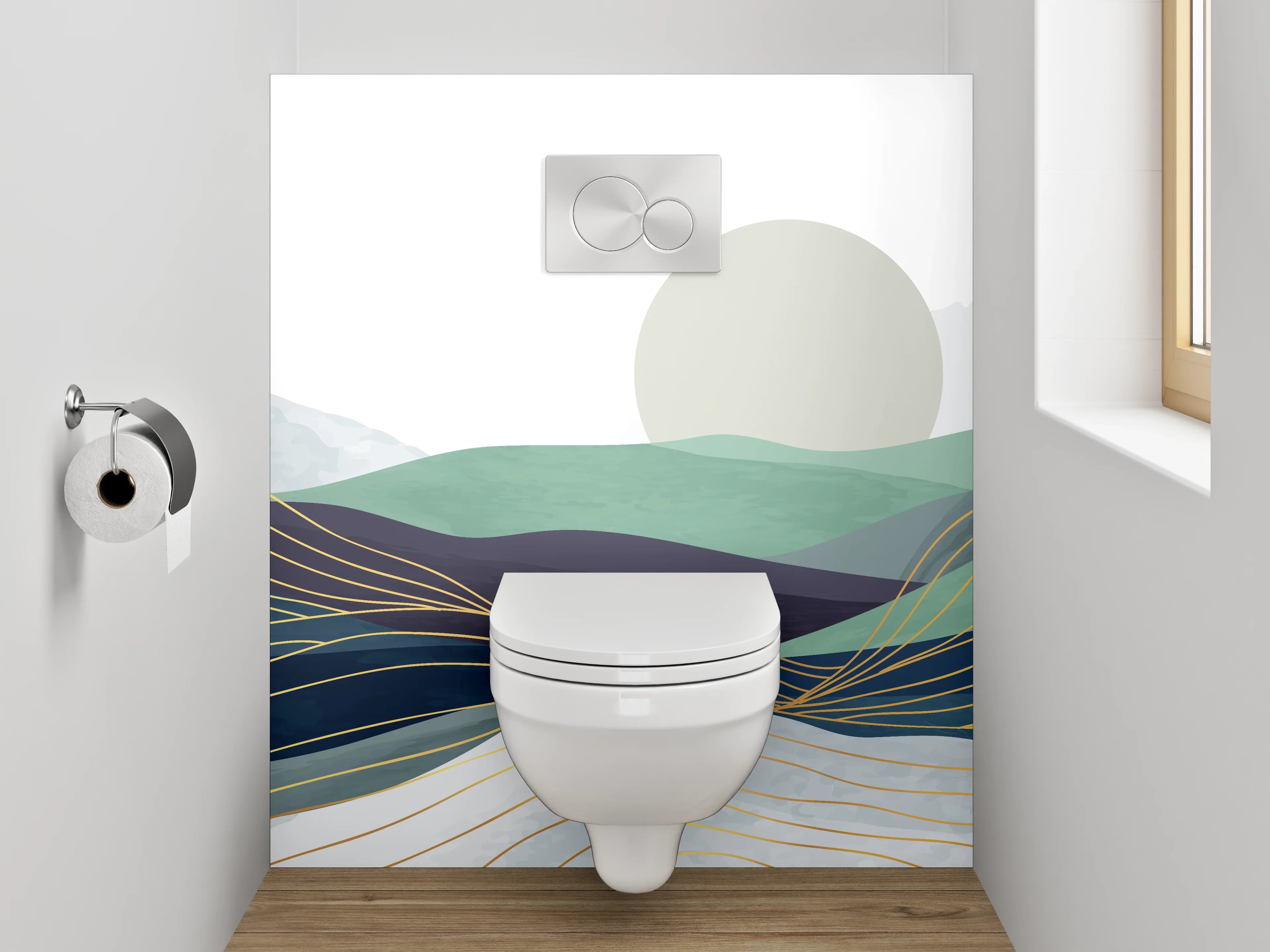 WC-Rückwand - Abstrakte Berglandschaft im Morgenlicht