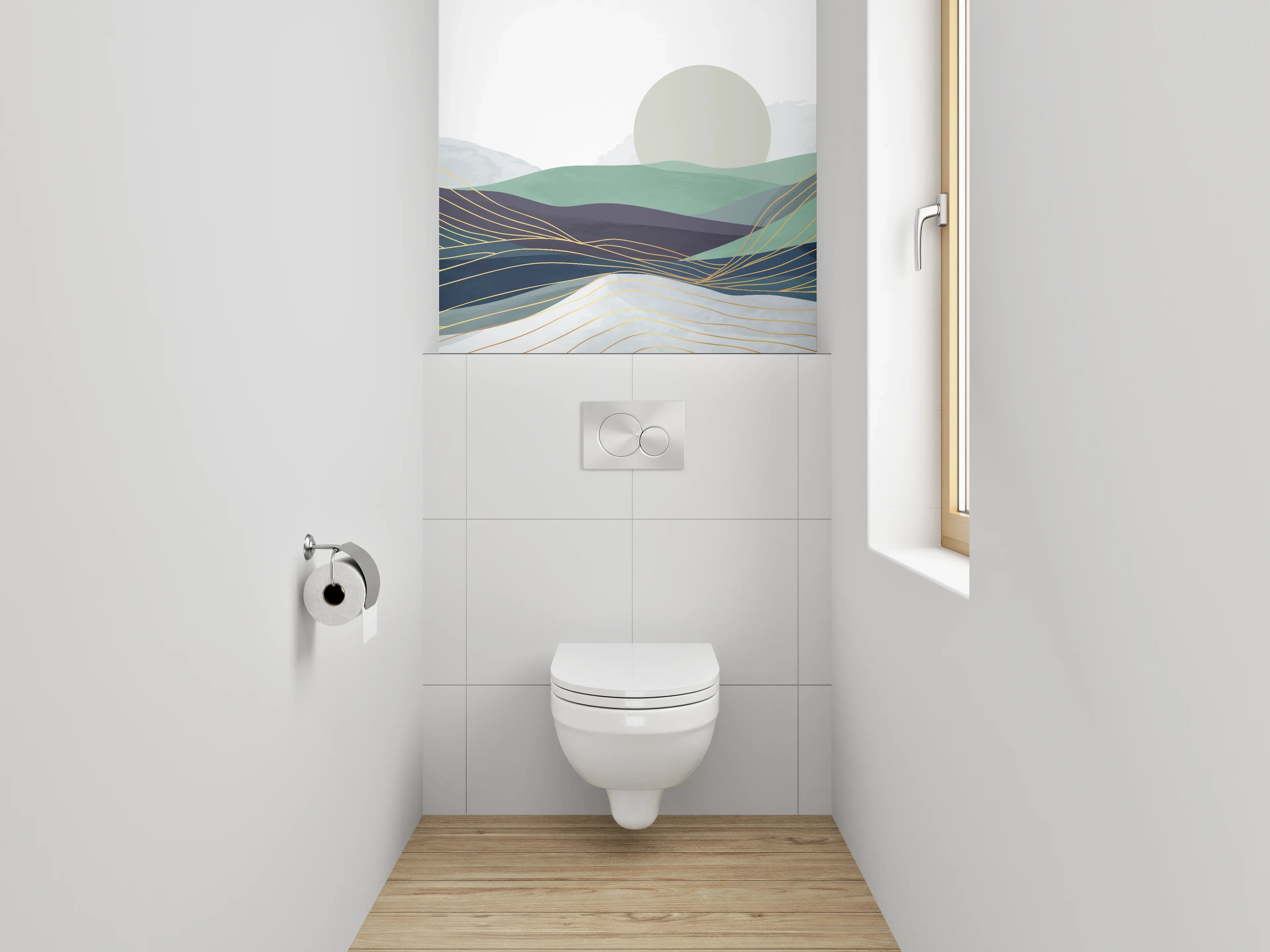 WC-Rückwand - Abstrakte Berglandschaft im Morgenlicht