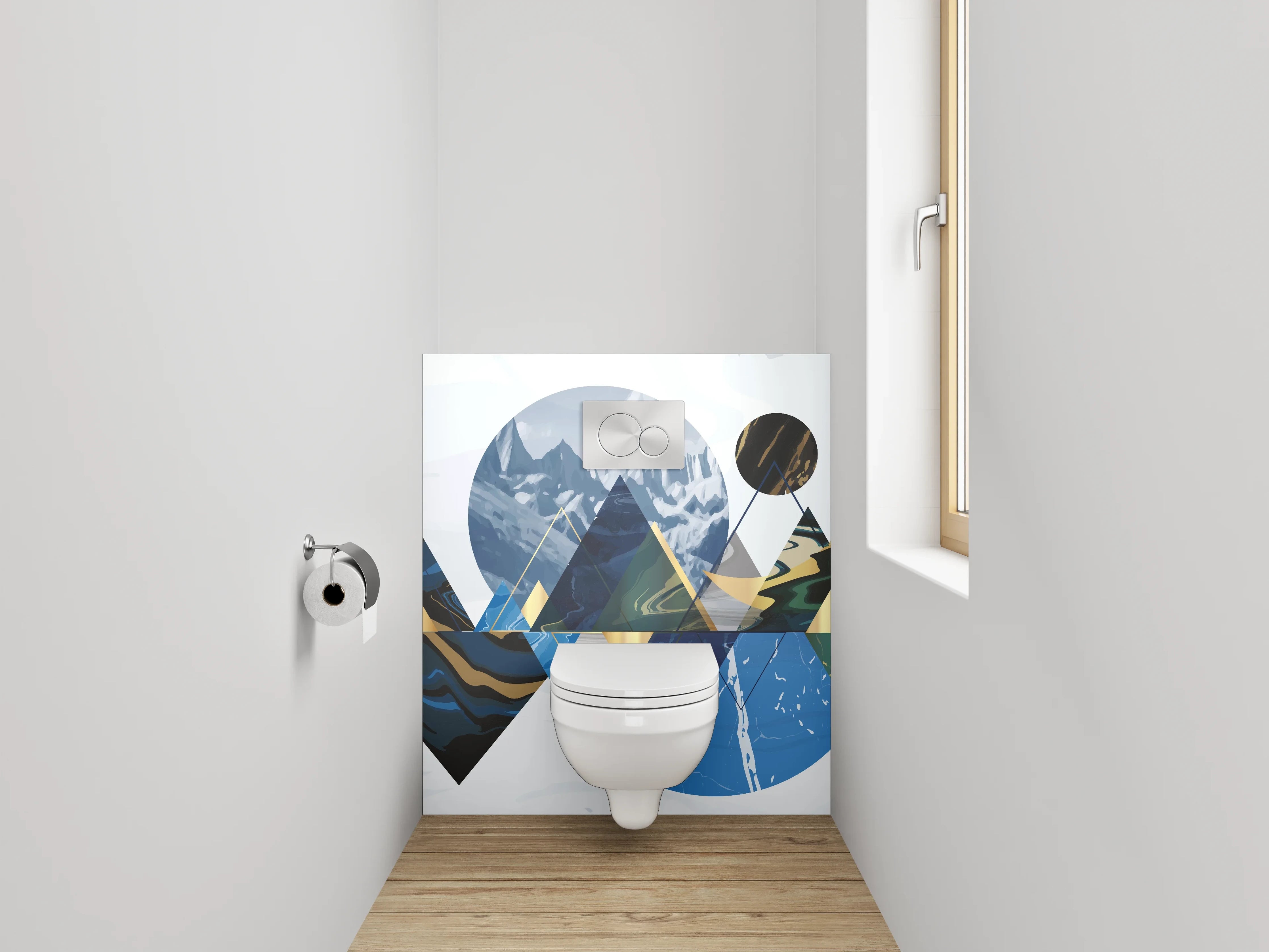 WC-Rückwand - Abstrakte Berglandschaft in Gold und Blau