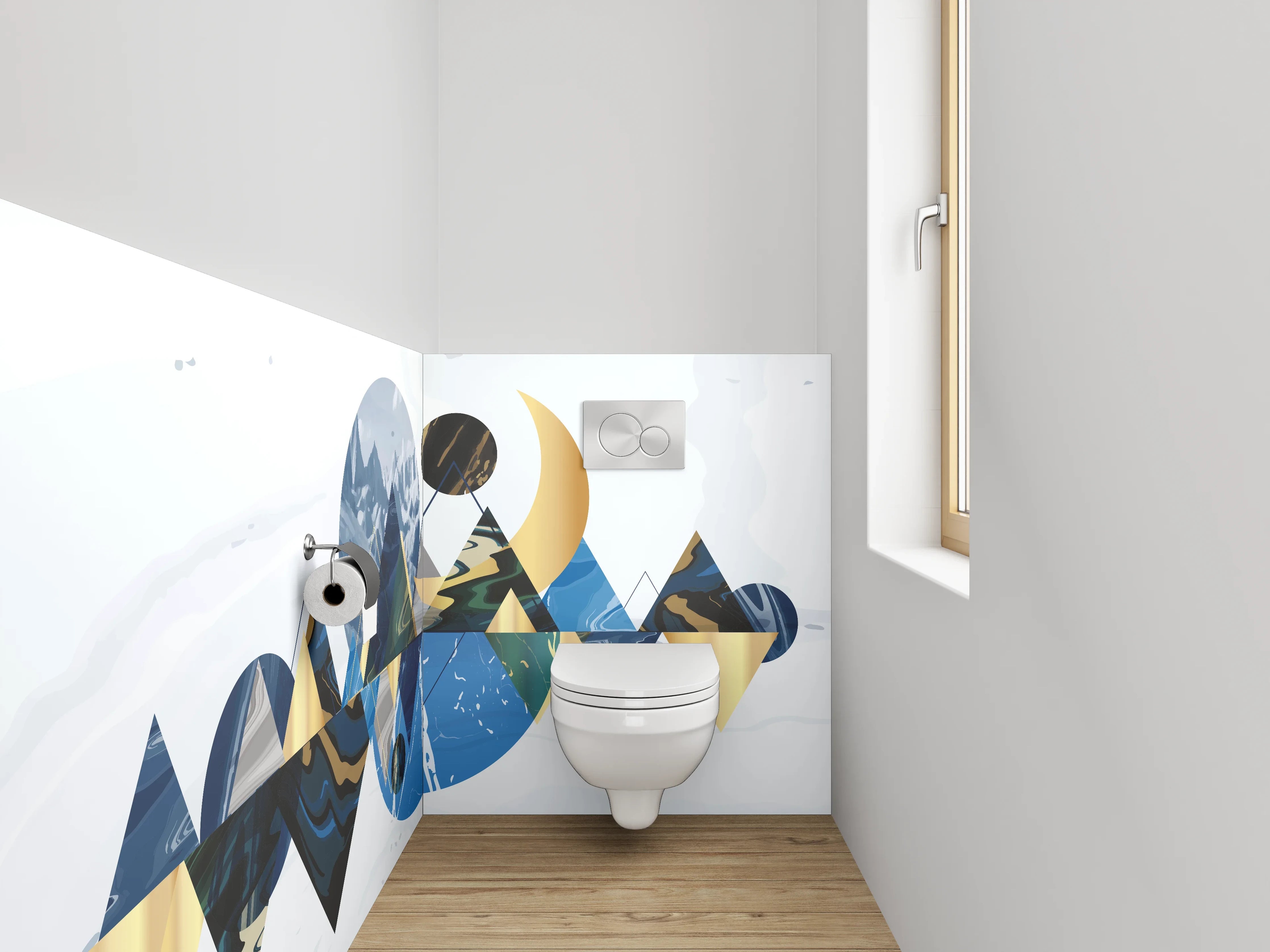 WC-Rückwand - Abstrakte Berglandschaft in Gold und Blau