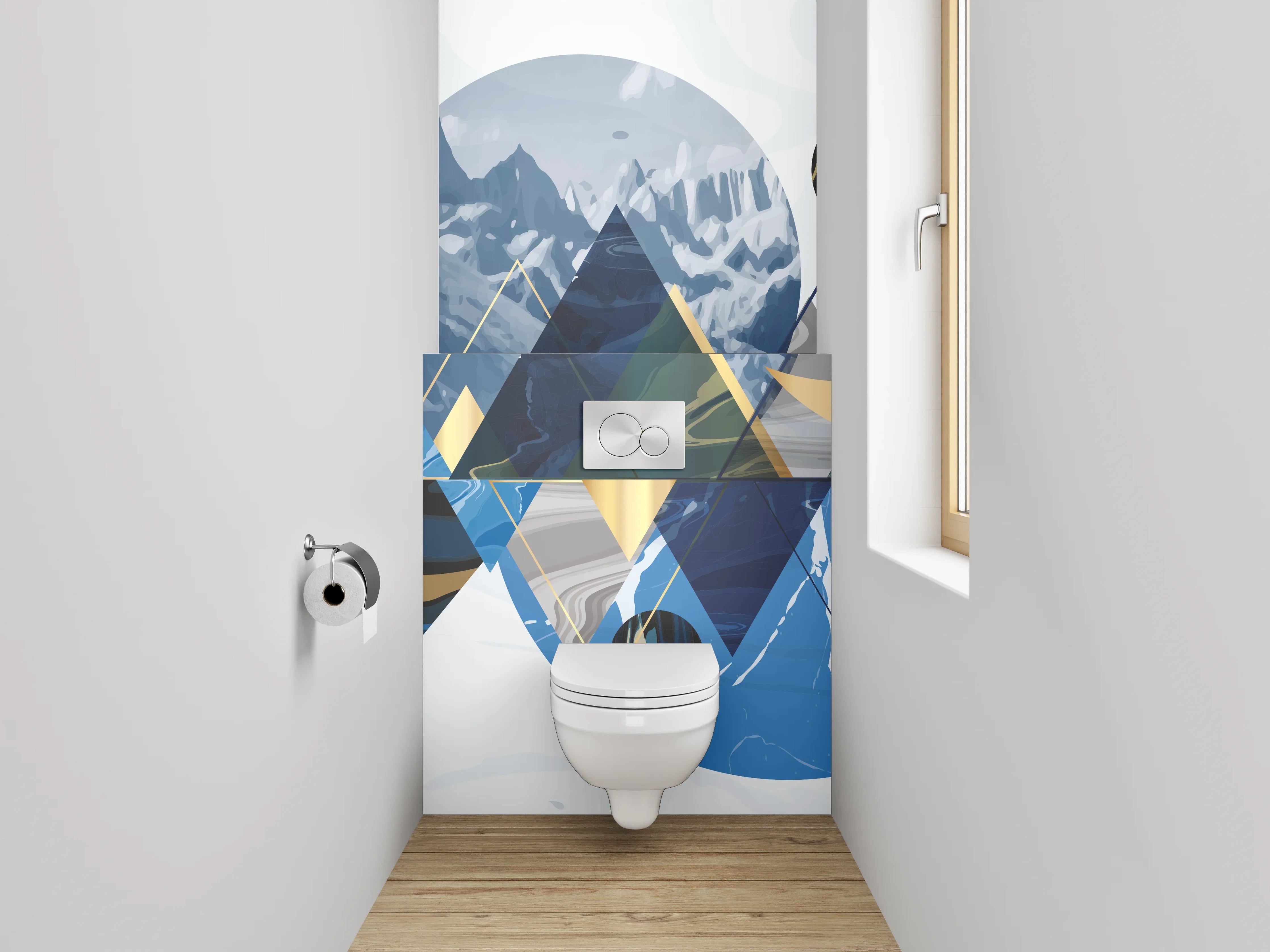 WC-Rückwand - Abstrakte Berglandschaft in Gold und Blau