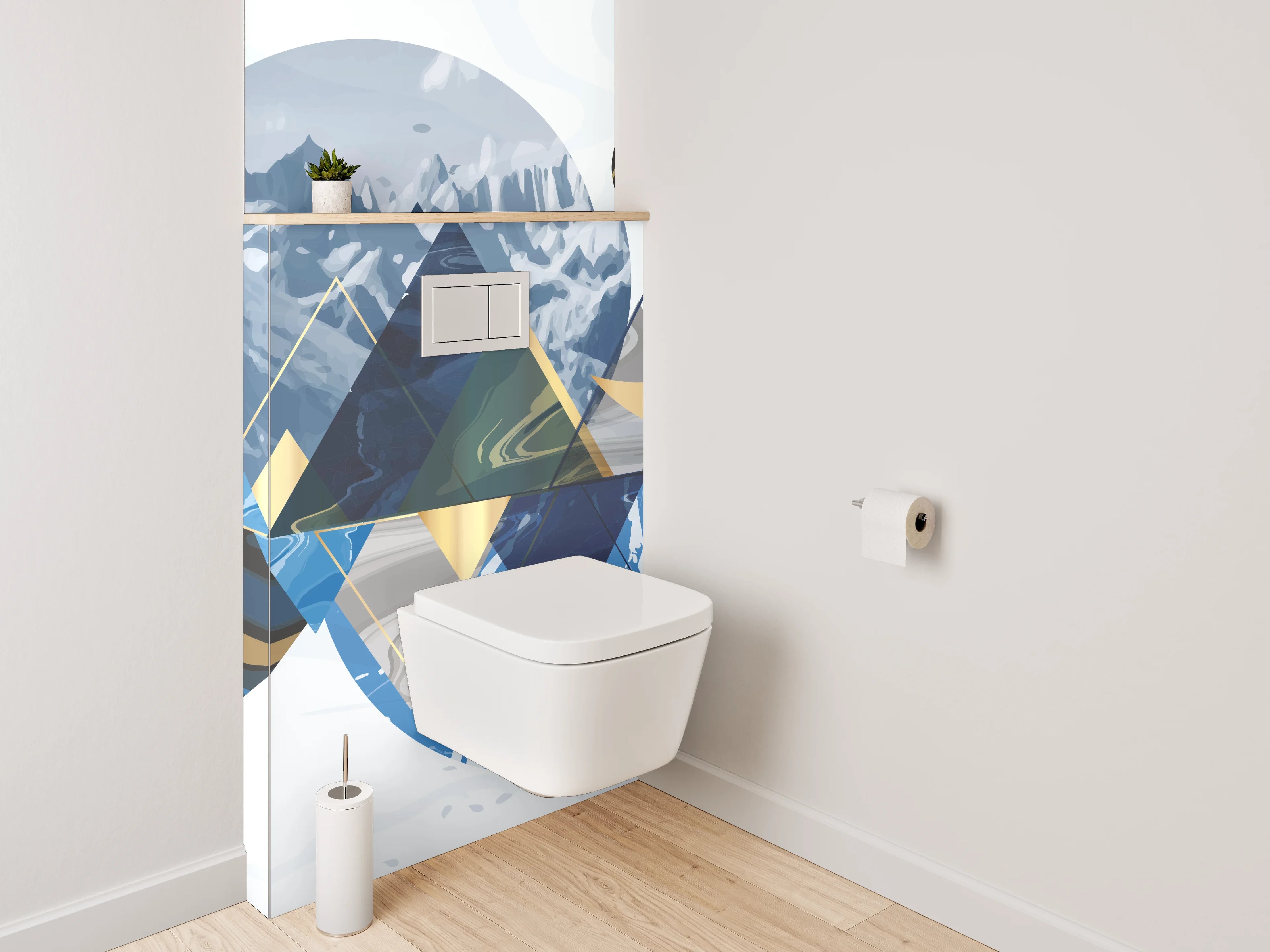 WC-Rückwand - Abstrakte Berglandschaft in Gold und Blau