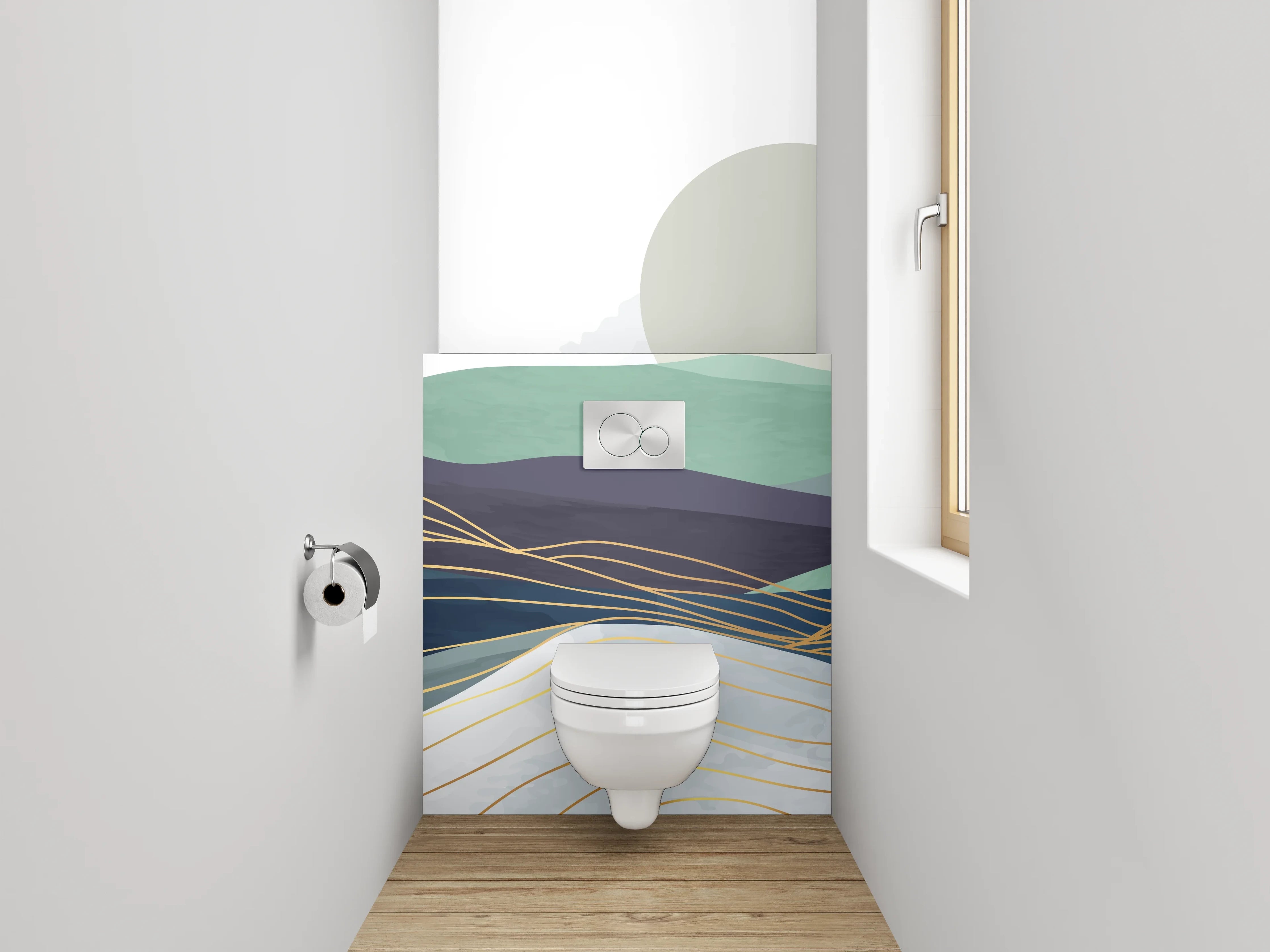 WC-Rückwand - Abstrakte Berglandschaft in Grün und Blau