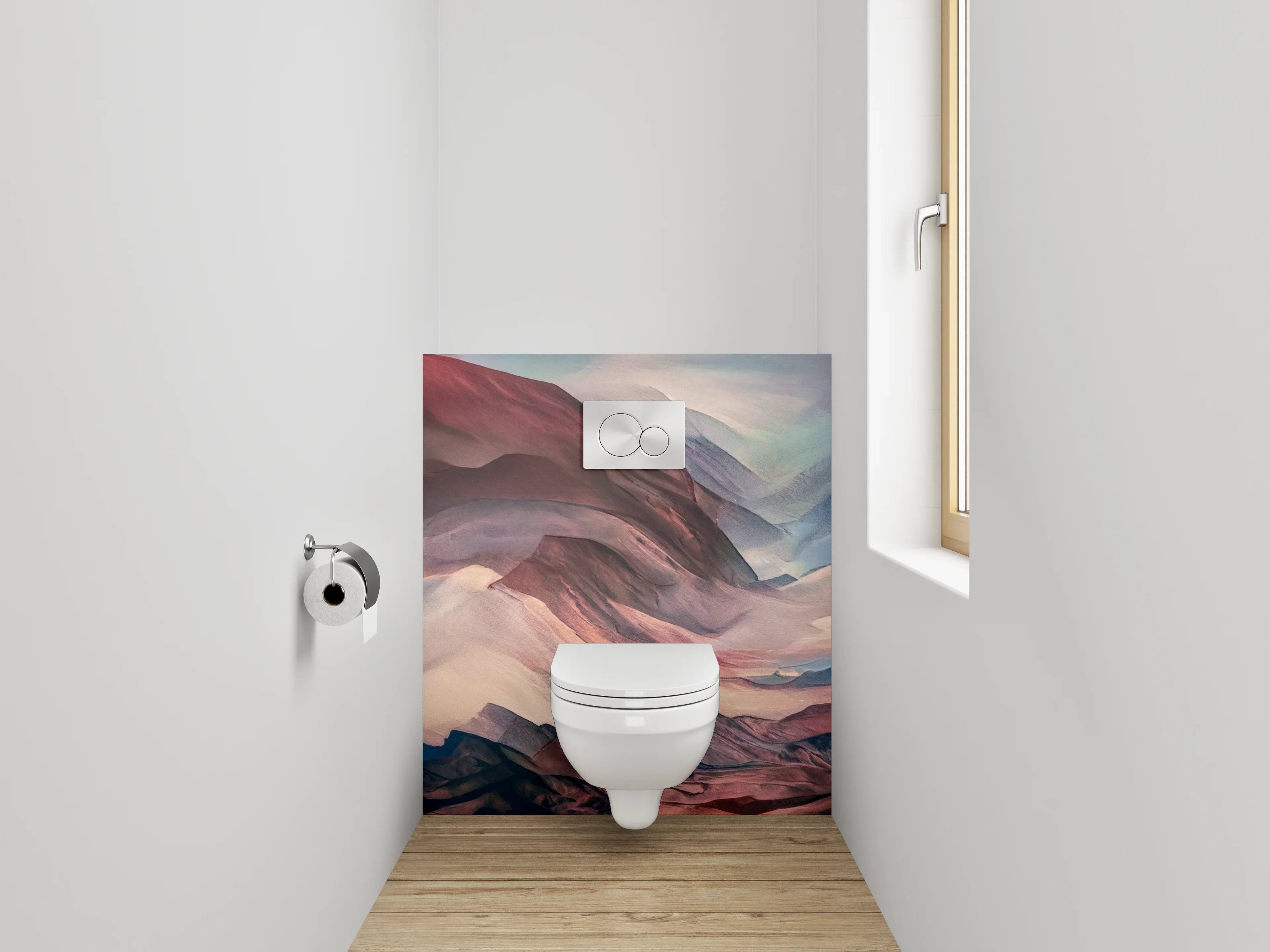 WC-Rückwand - Abstrakte Berglandschaft in Rot und Blau