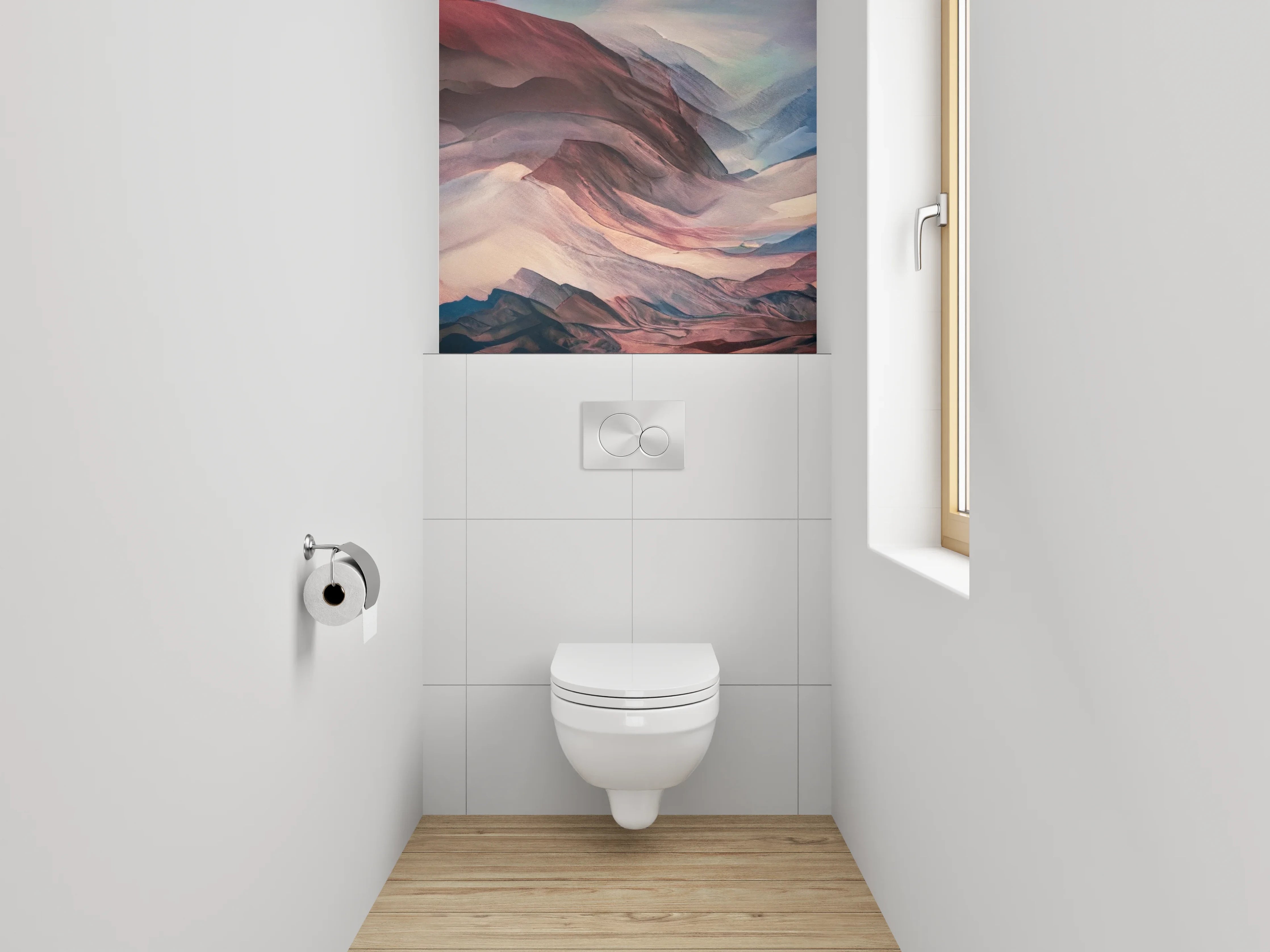 WC-Rückwand - Abstrakte Berglandschaft in Rot und Blau