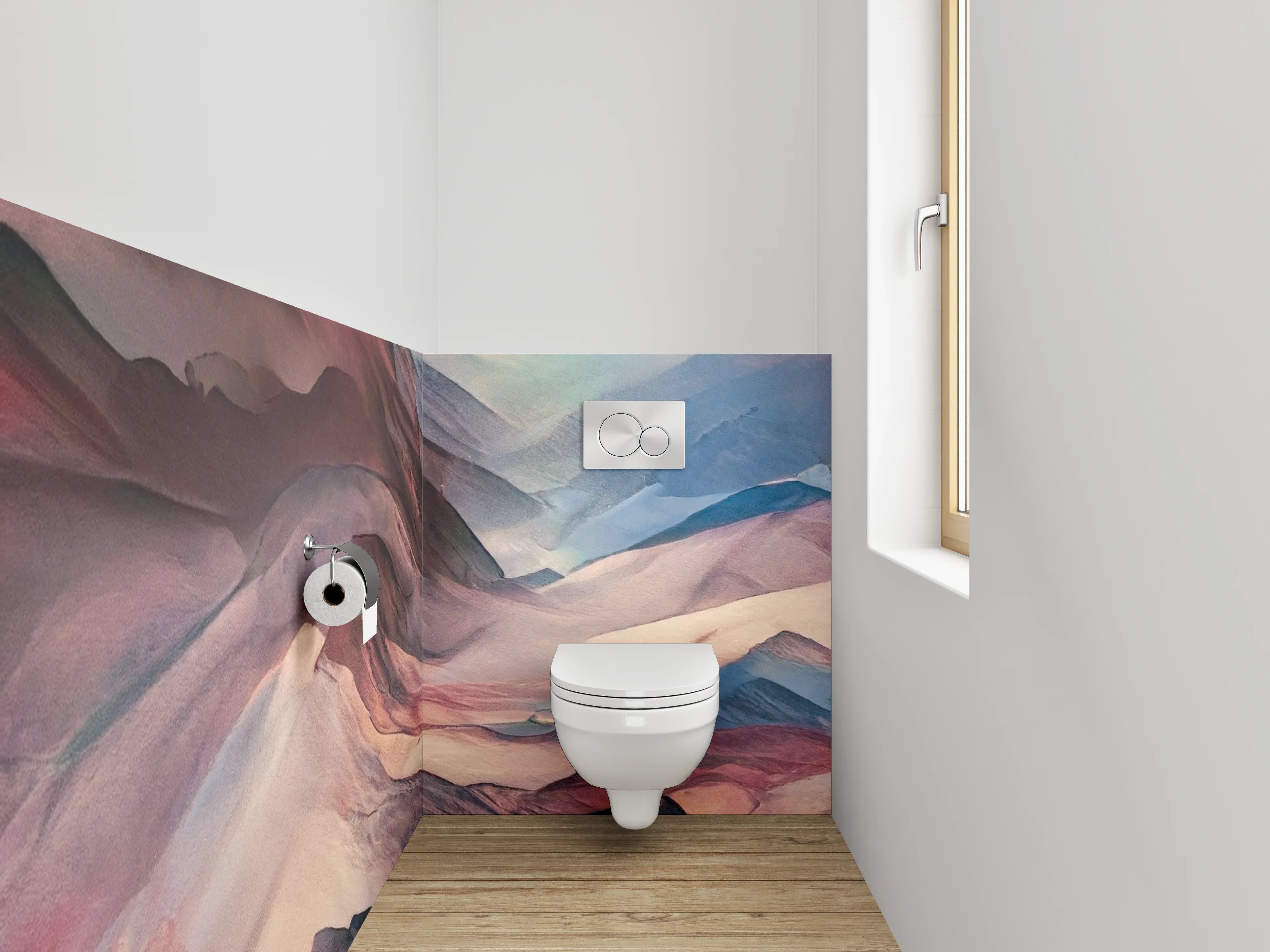WC-Rückwand - Abstrakte Berglandschaft in Rot und Blau