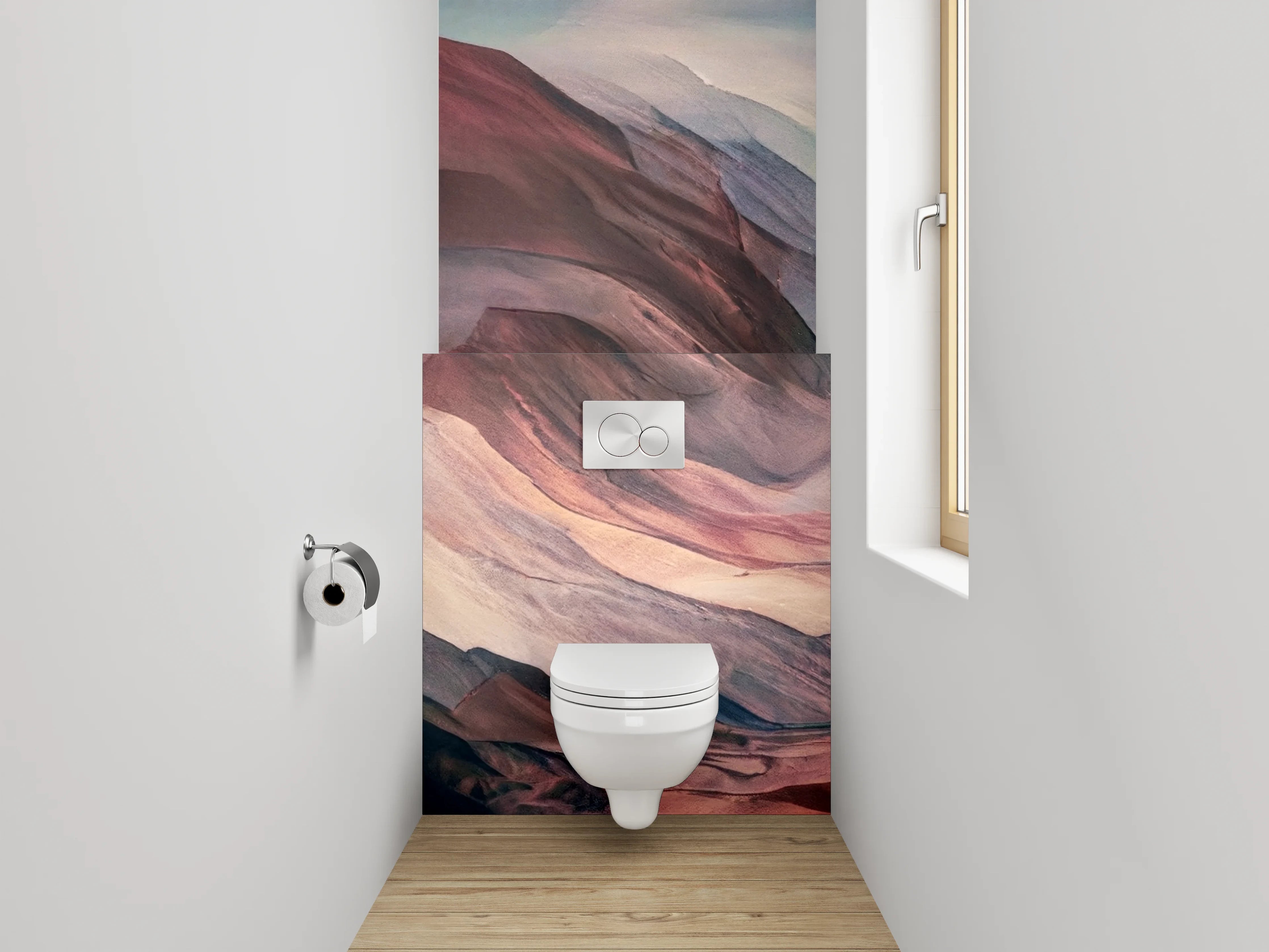 WC-Rückwand - Abstrakte Berglandschaft in Rot und Blau