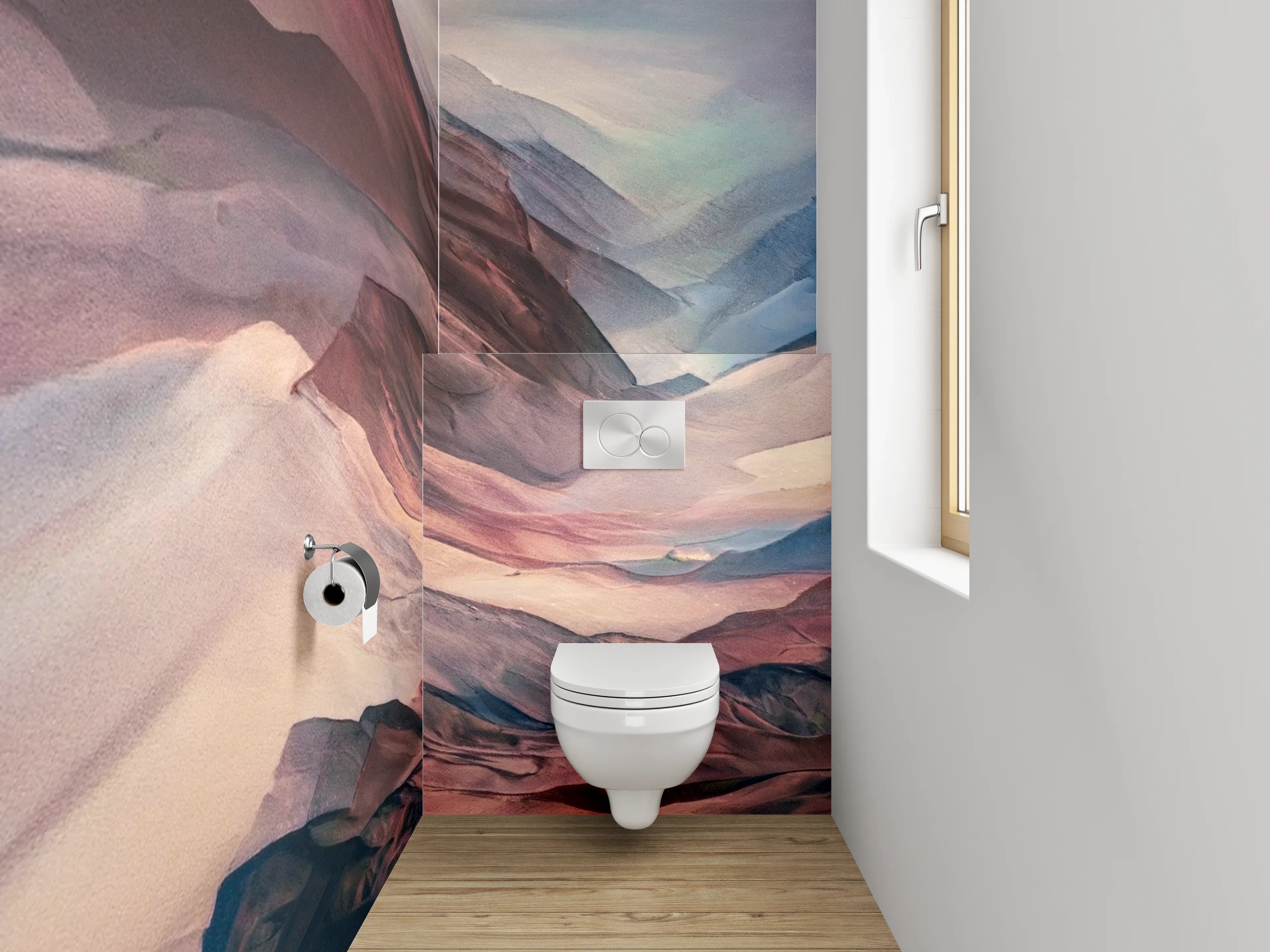 WC-Rückwand - Abstrakte Berglandschaft in Rot und Blau