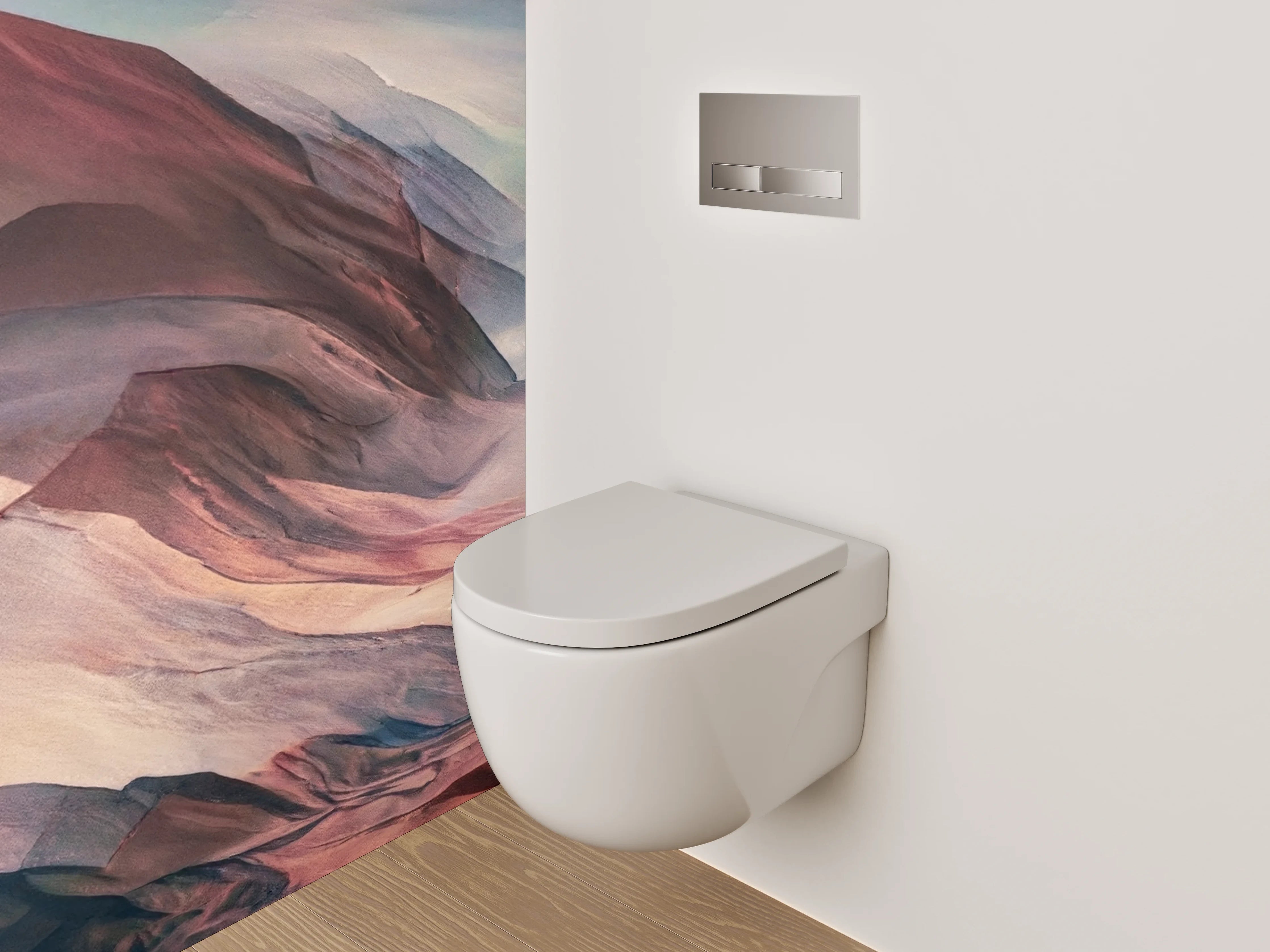 WC-Rückwand - Abstrakte Berglandschaft in Rot und Blau