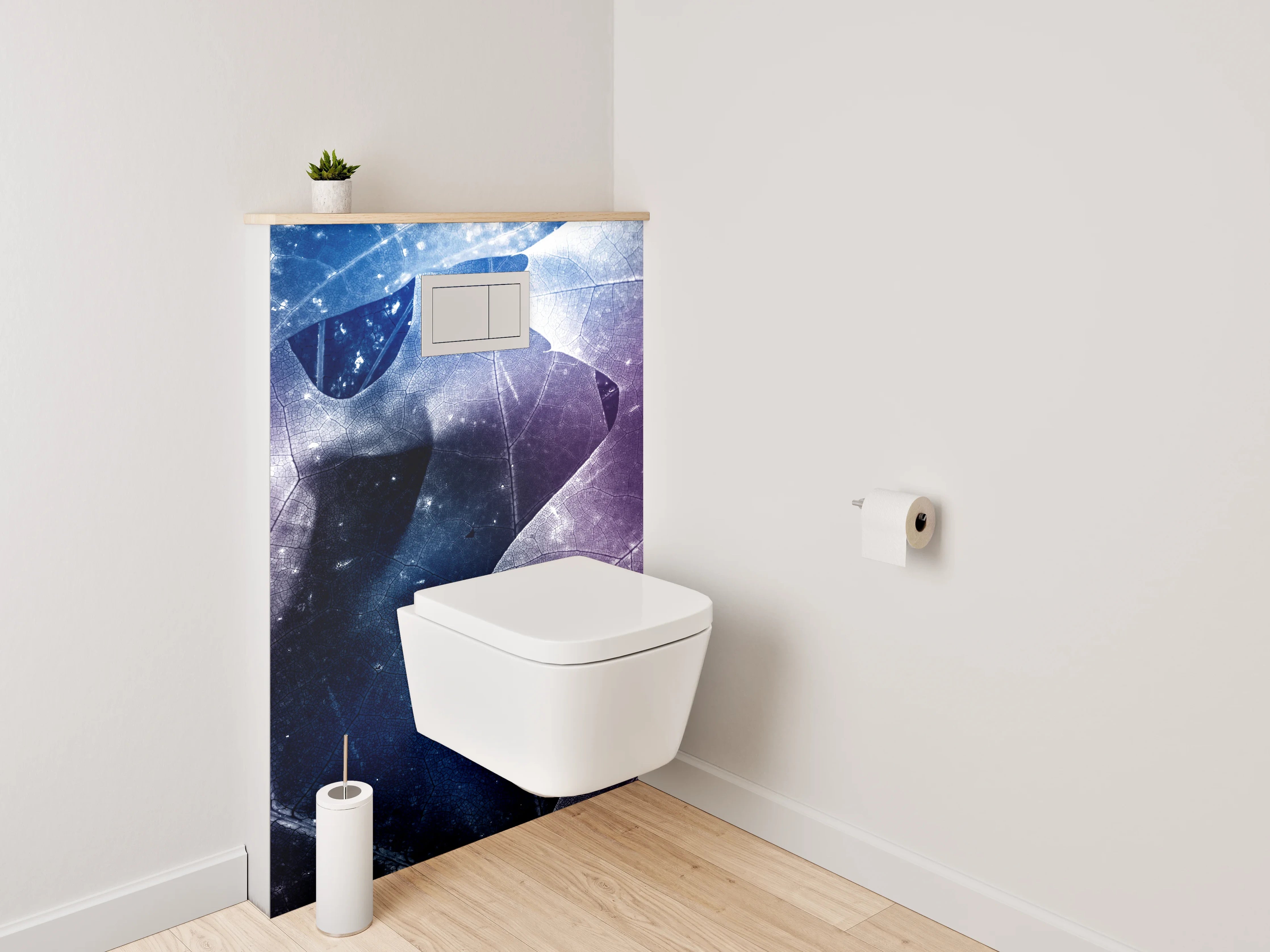 WC-Rückwand - Abstrakte Blätter in Blau und Lila