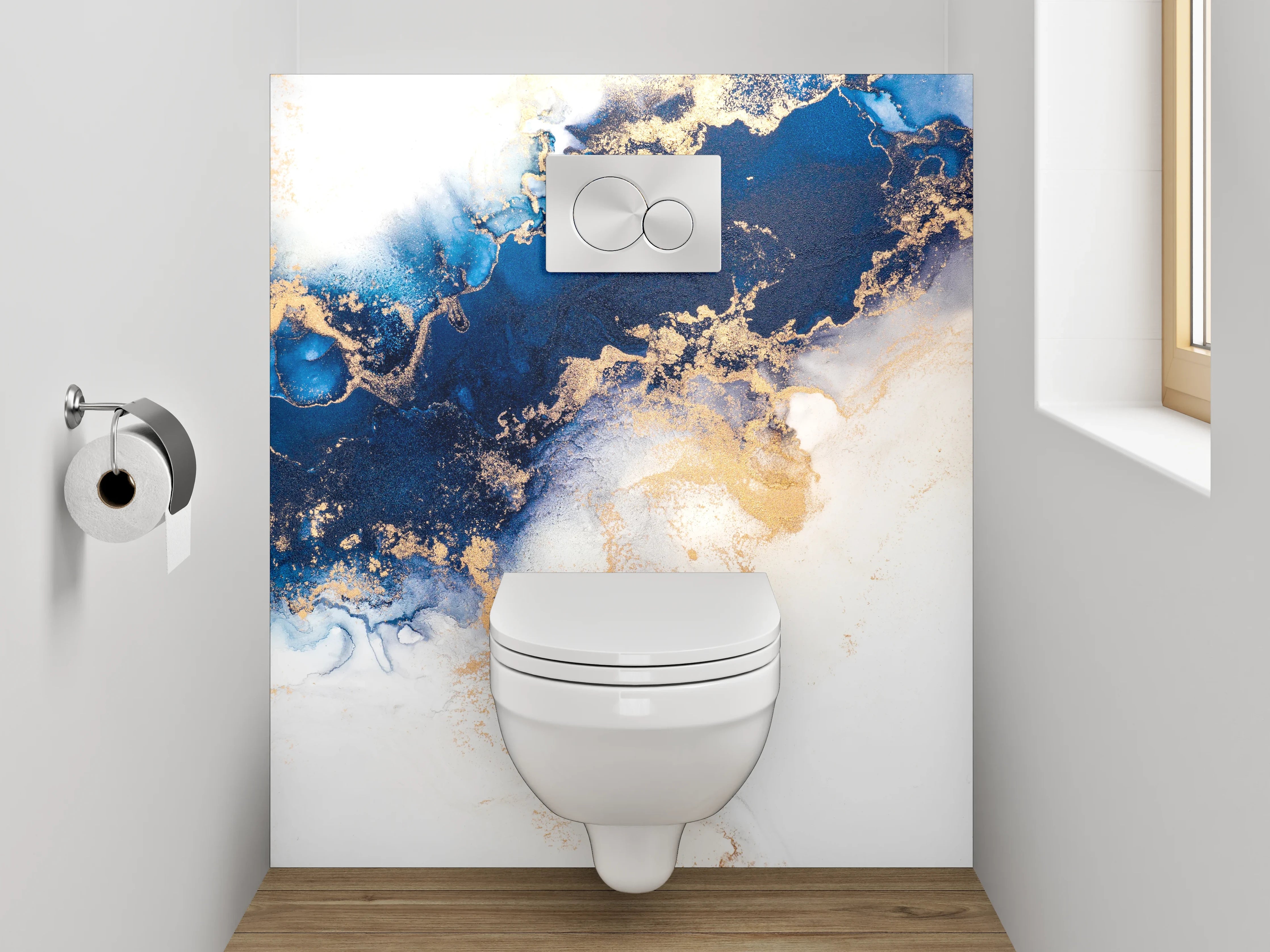 WC-Rückwand - Abstrakte Blau Gold Aquarell Marmoroptik