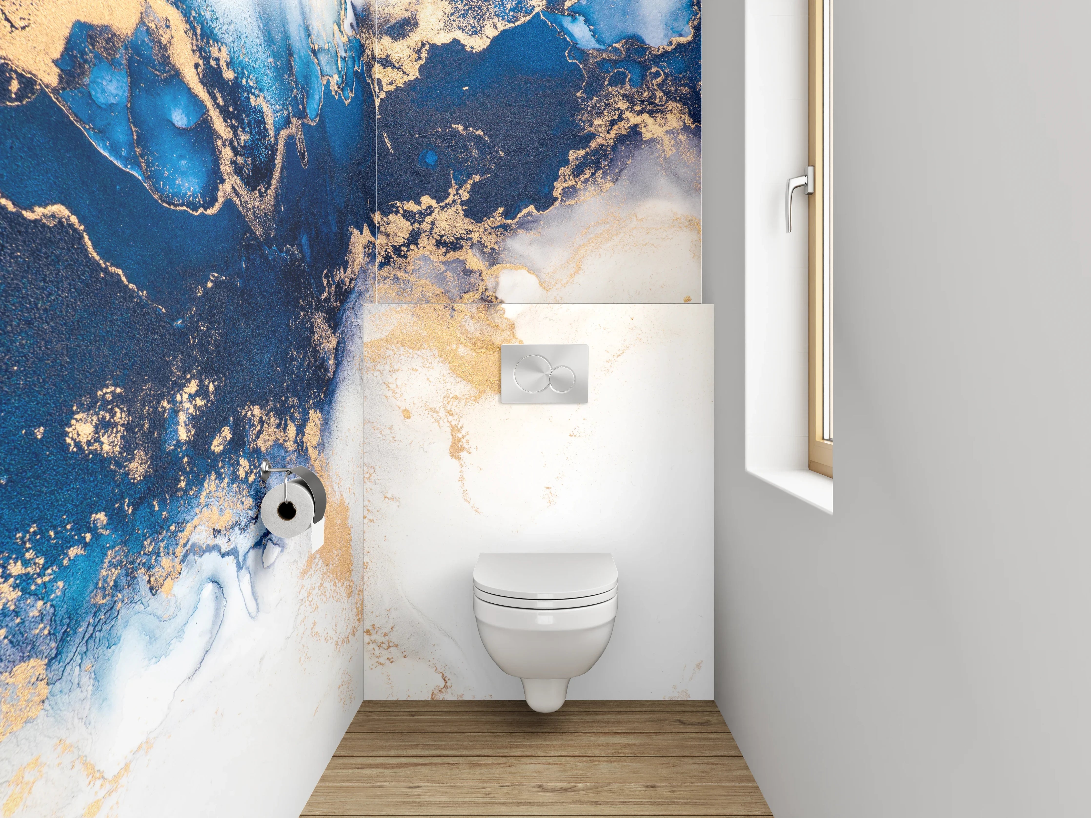 WC-Rückwand - Abstrakte Blau Gold Aquarell Marmoroptik