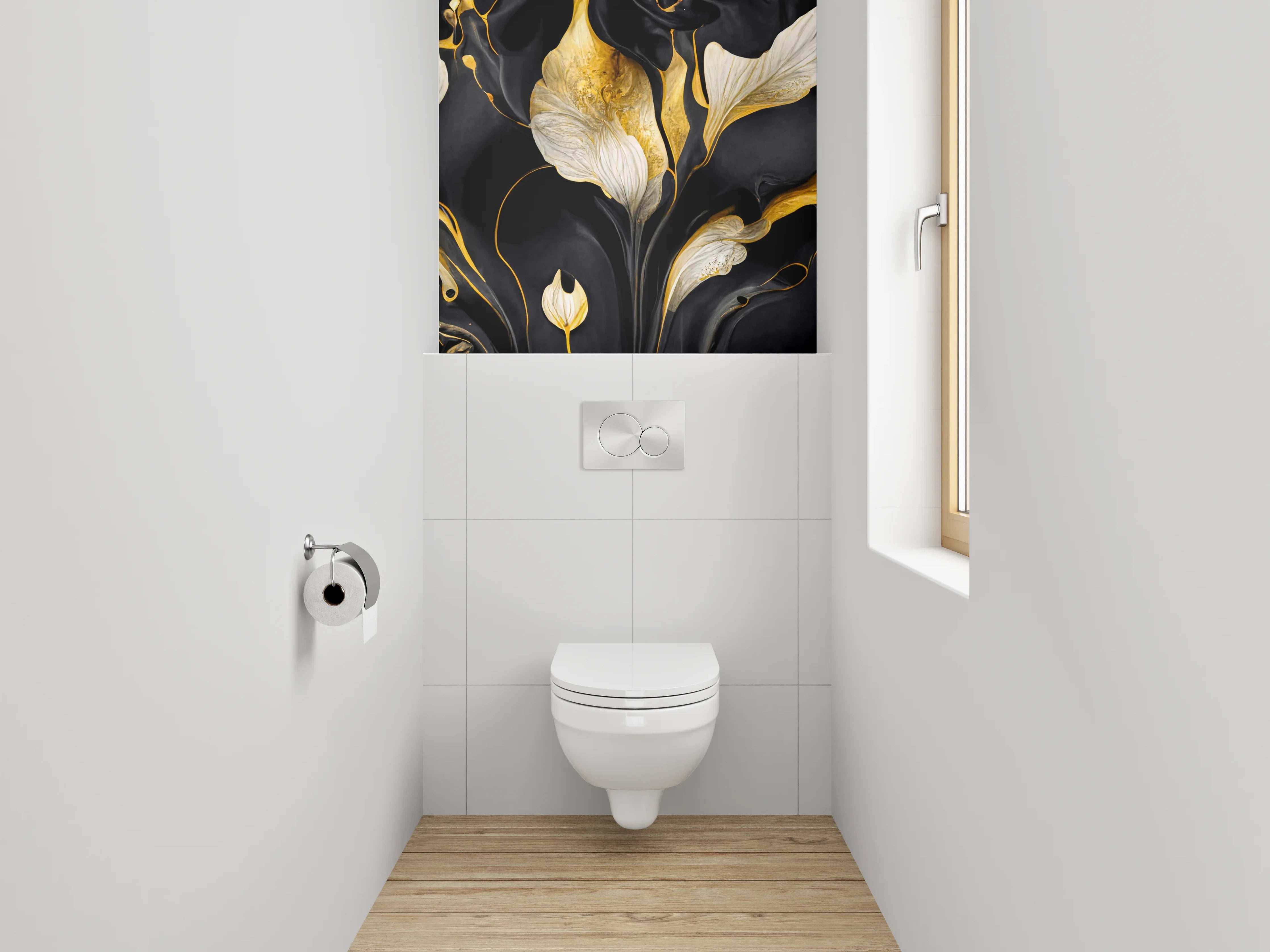 WC-Rückwand - Abstrakte Blumen in Gold und Schwarz