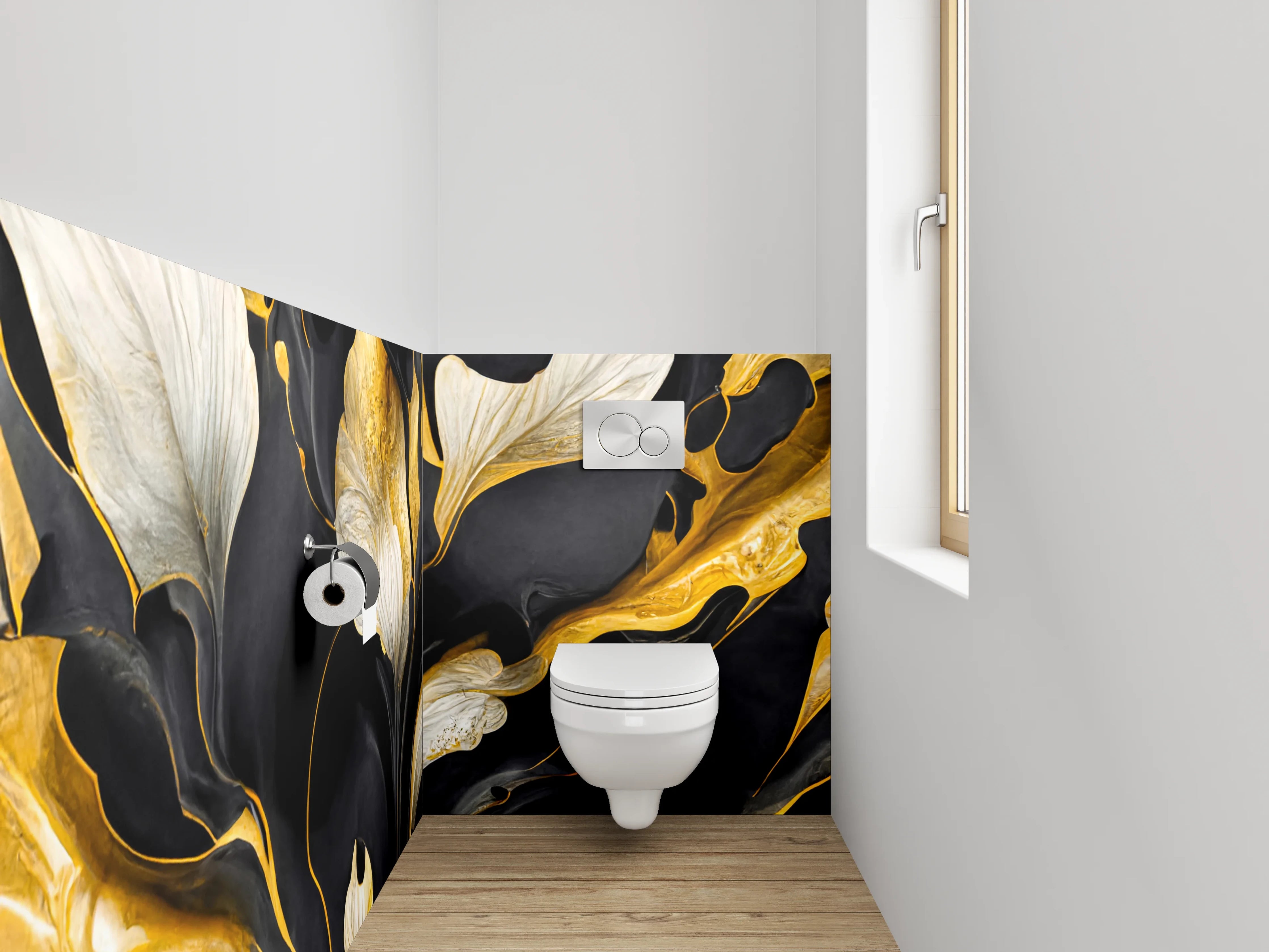 WC-Rückwand - Abstrakte Blumen in Gold und Schwarz