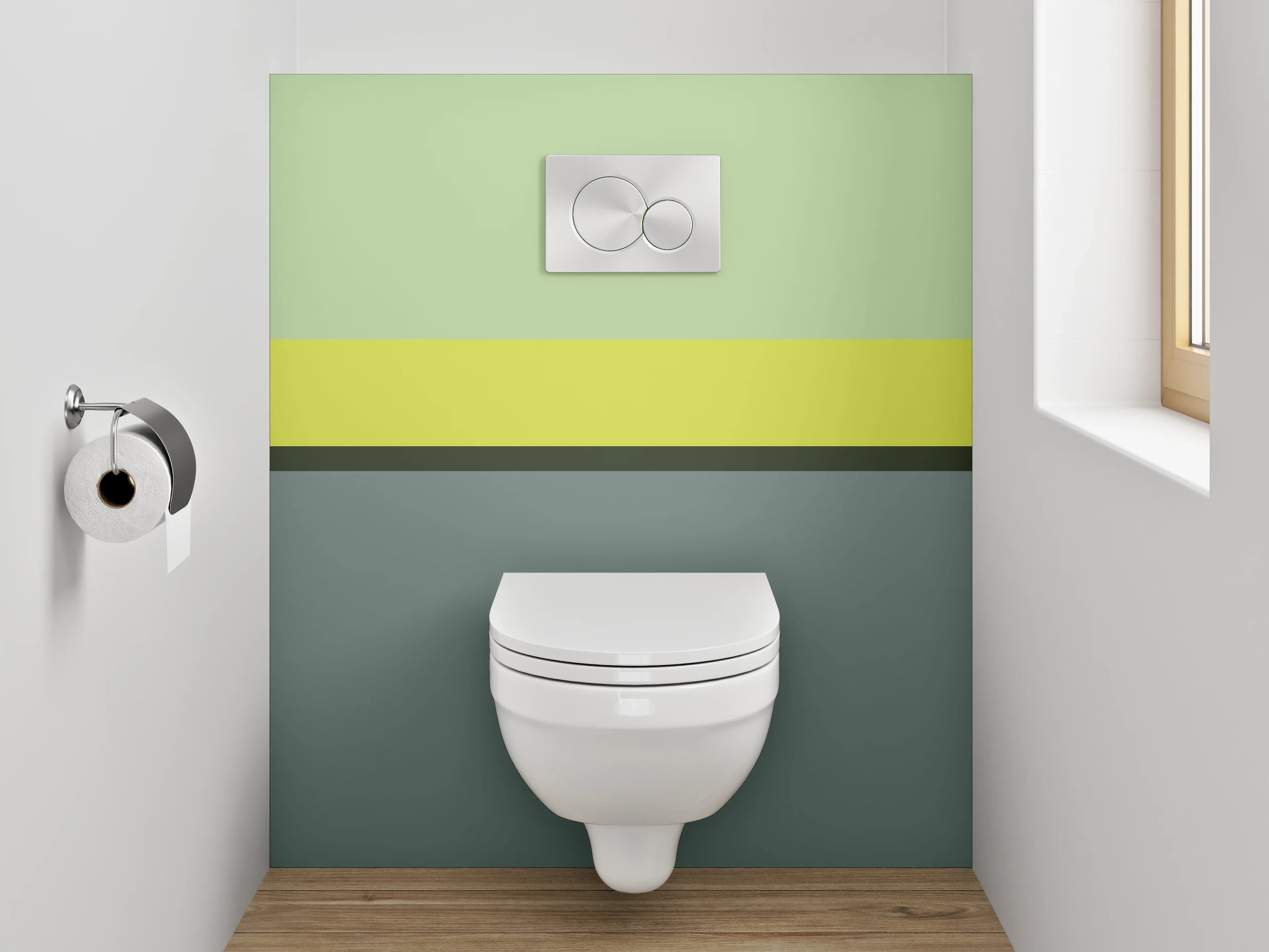 WC-Rückwand - Abstrakte Farbfelder in Grün und Grau