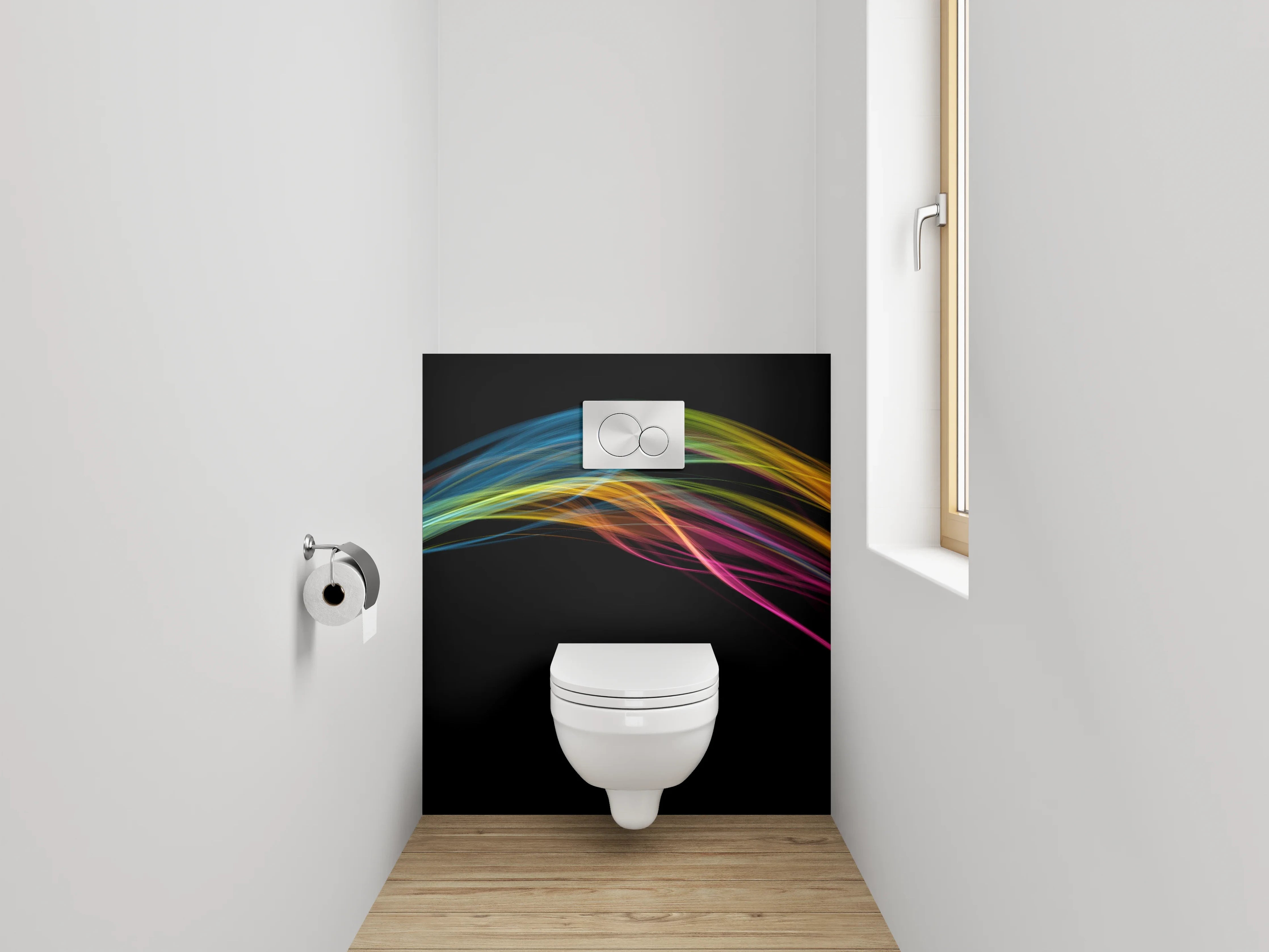 WC-Rückwand - Abstrakte Farbströme auf Schwarz