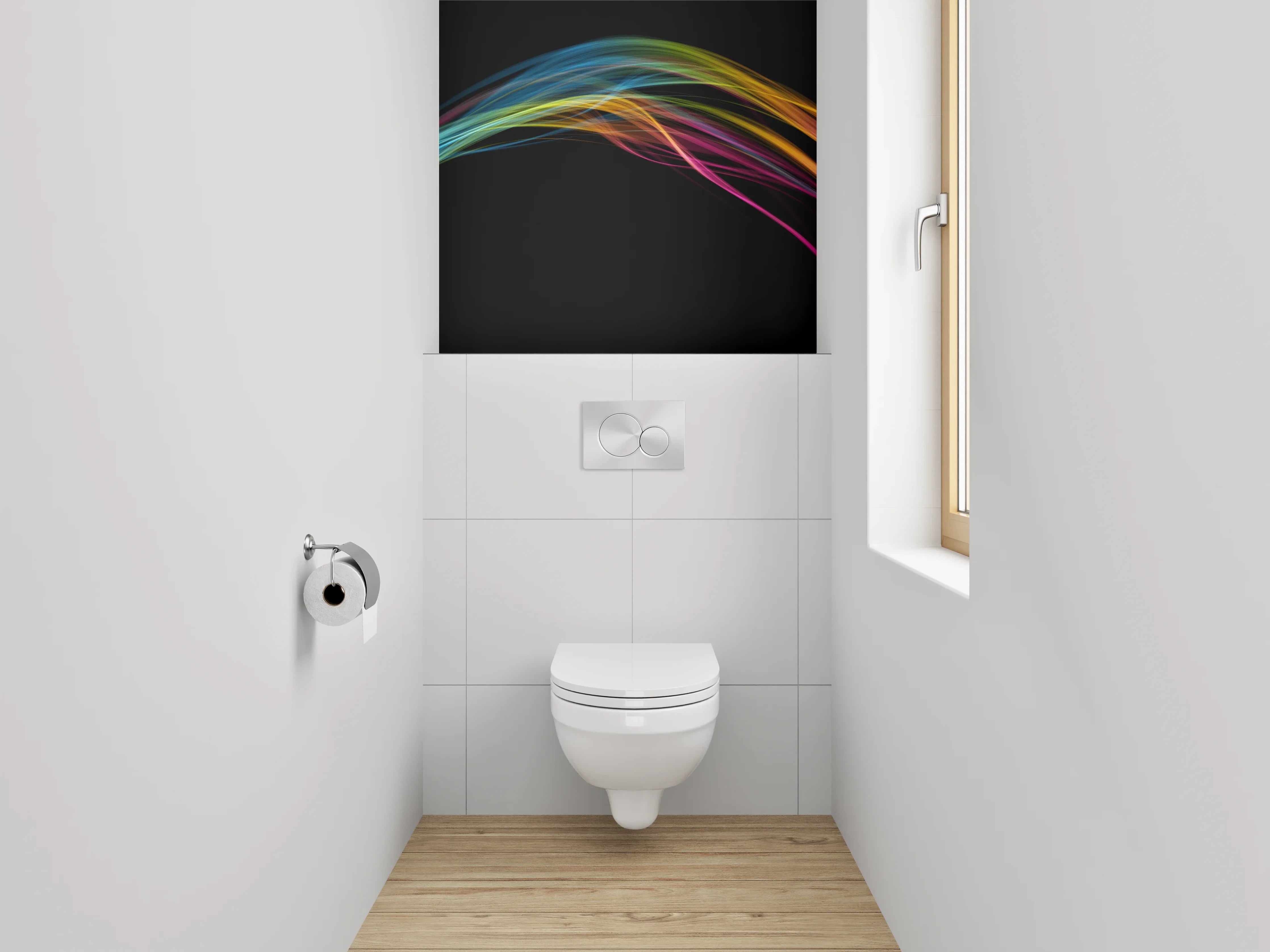 WC-Rückwand - Abstrakte Farbströme auf Schwarz