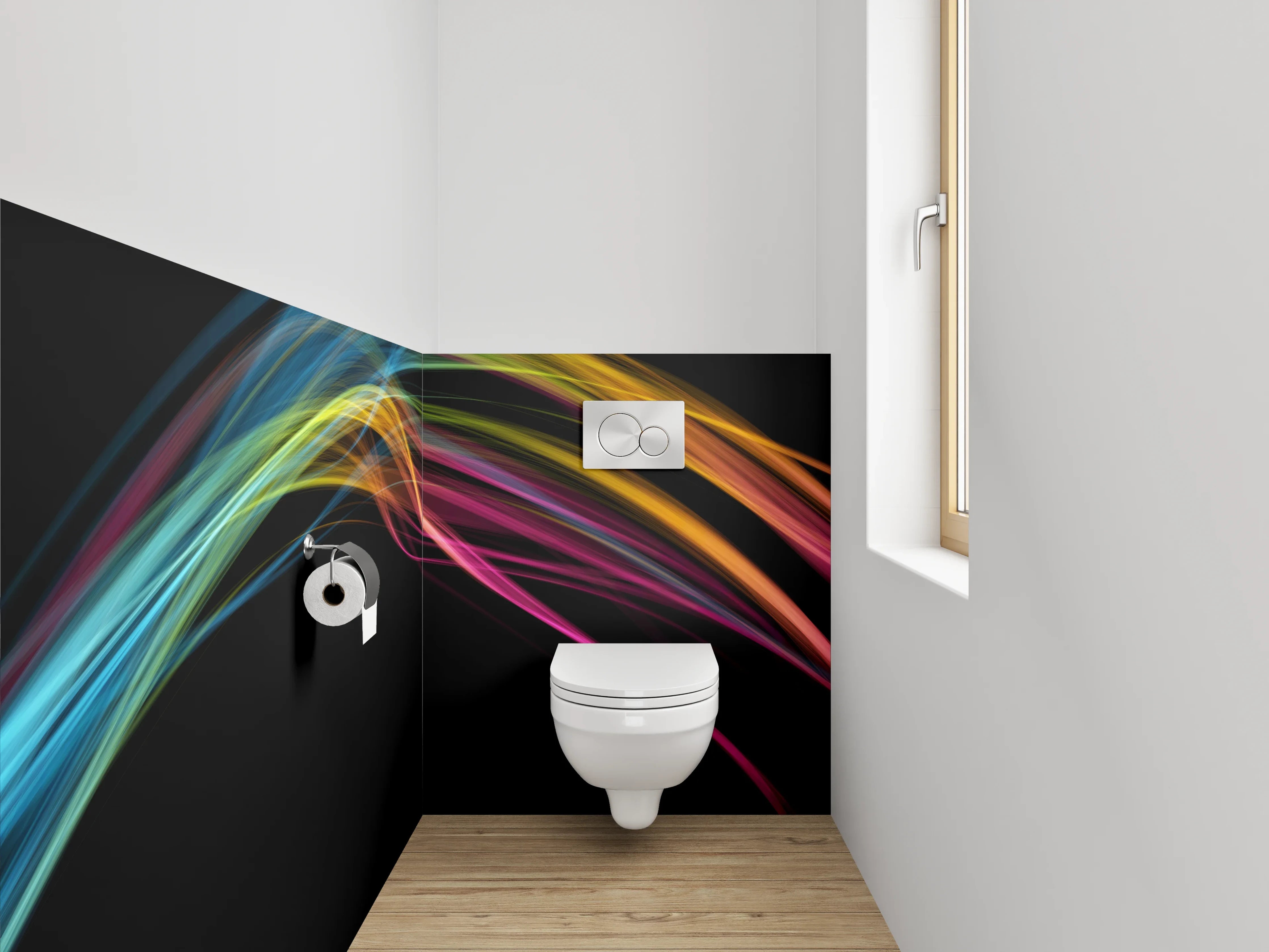 WC-Rückwand - Abstrakte Farbströme auf Schwarz