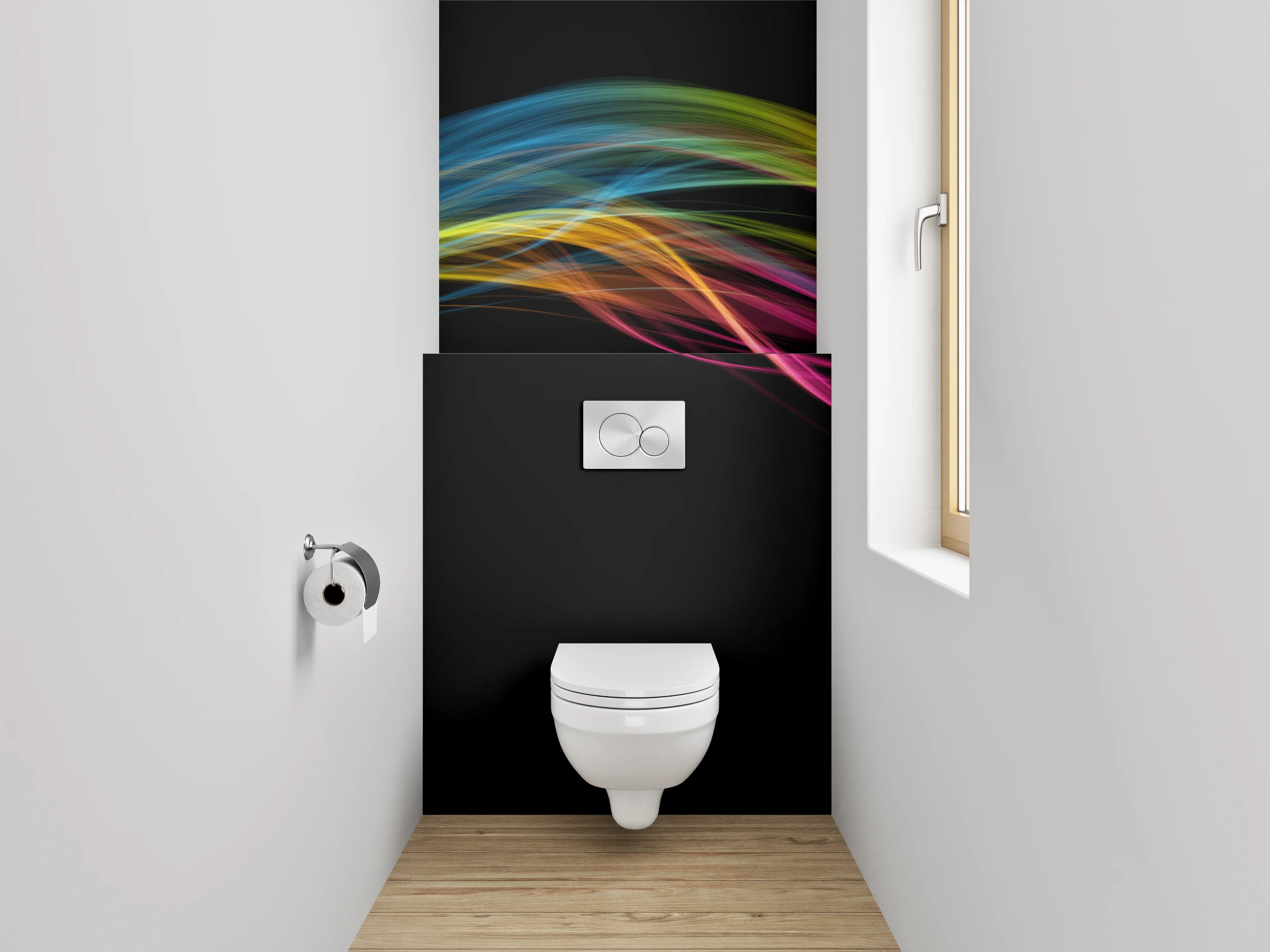 WC-Rückwand - Abstrakte Farbströme auf Schwarz