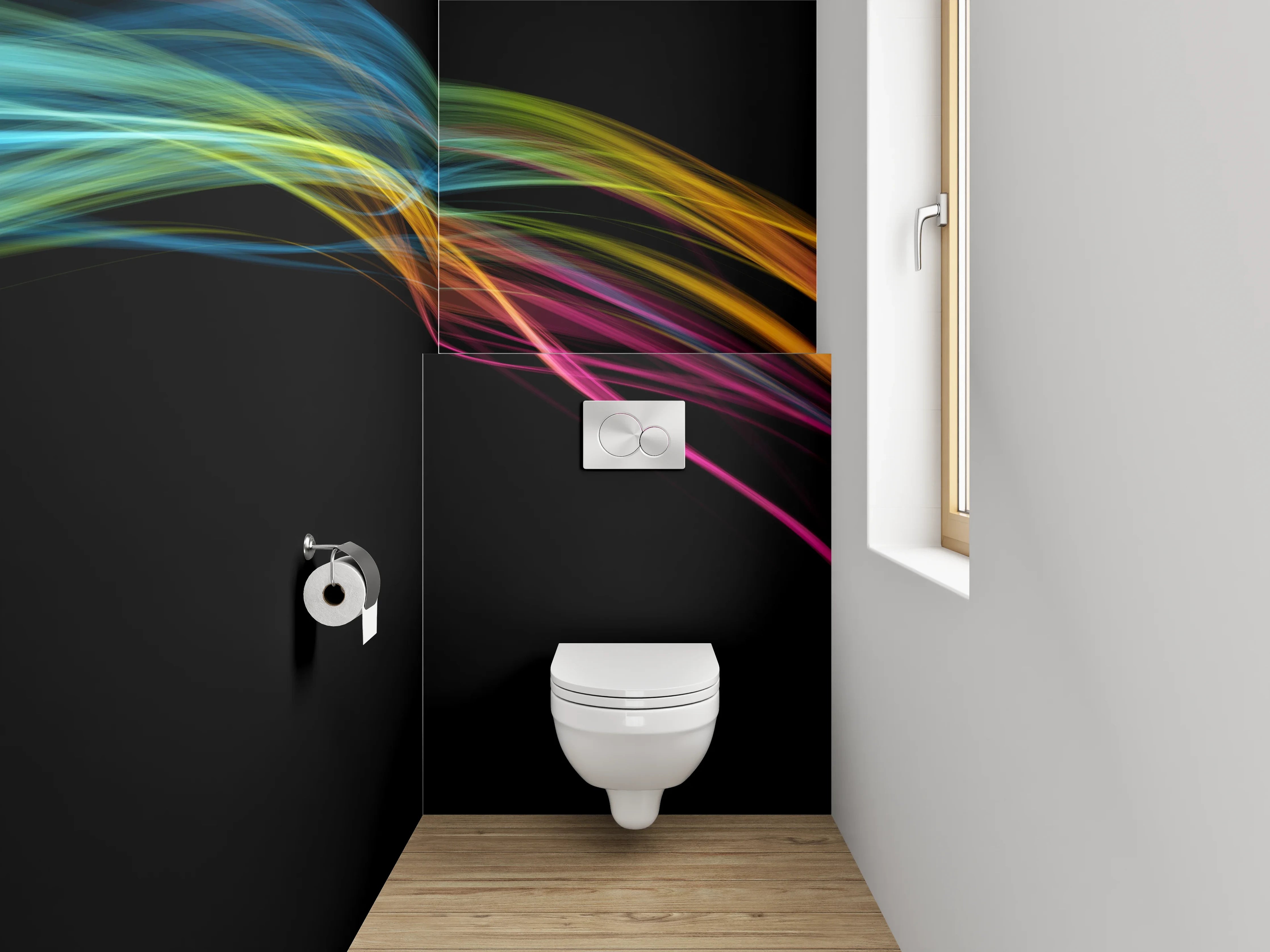 WC-Rückwand - Abstrakte Farbströme auf Schwarz