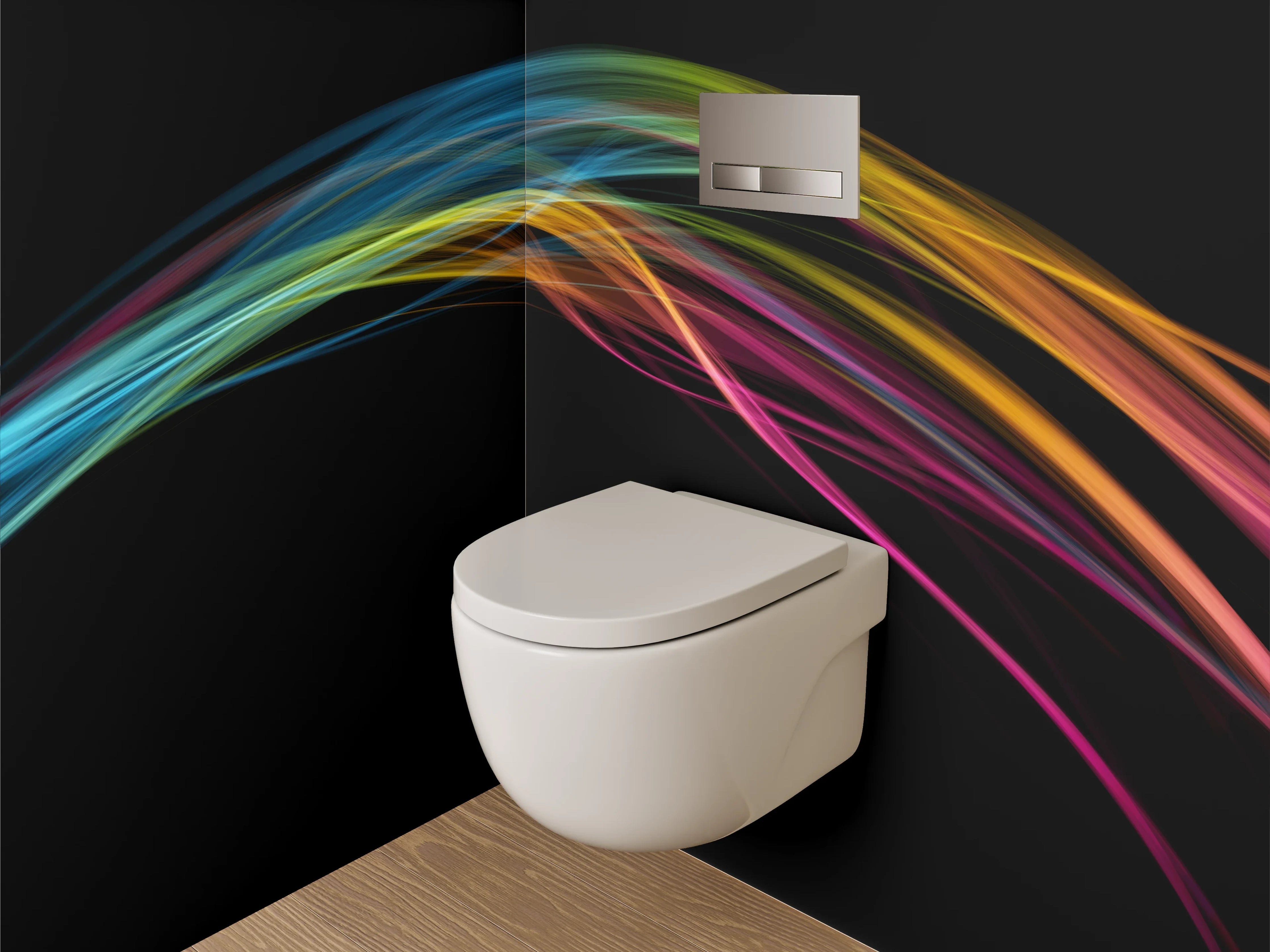 WC-Rückwand - Abstrakte Farbströme auf Schwarz