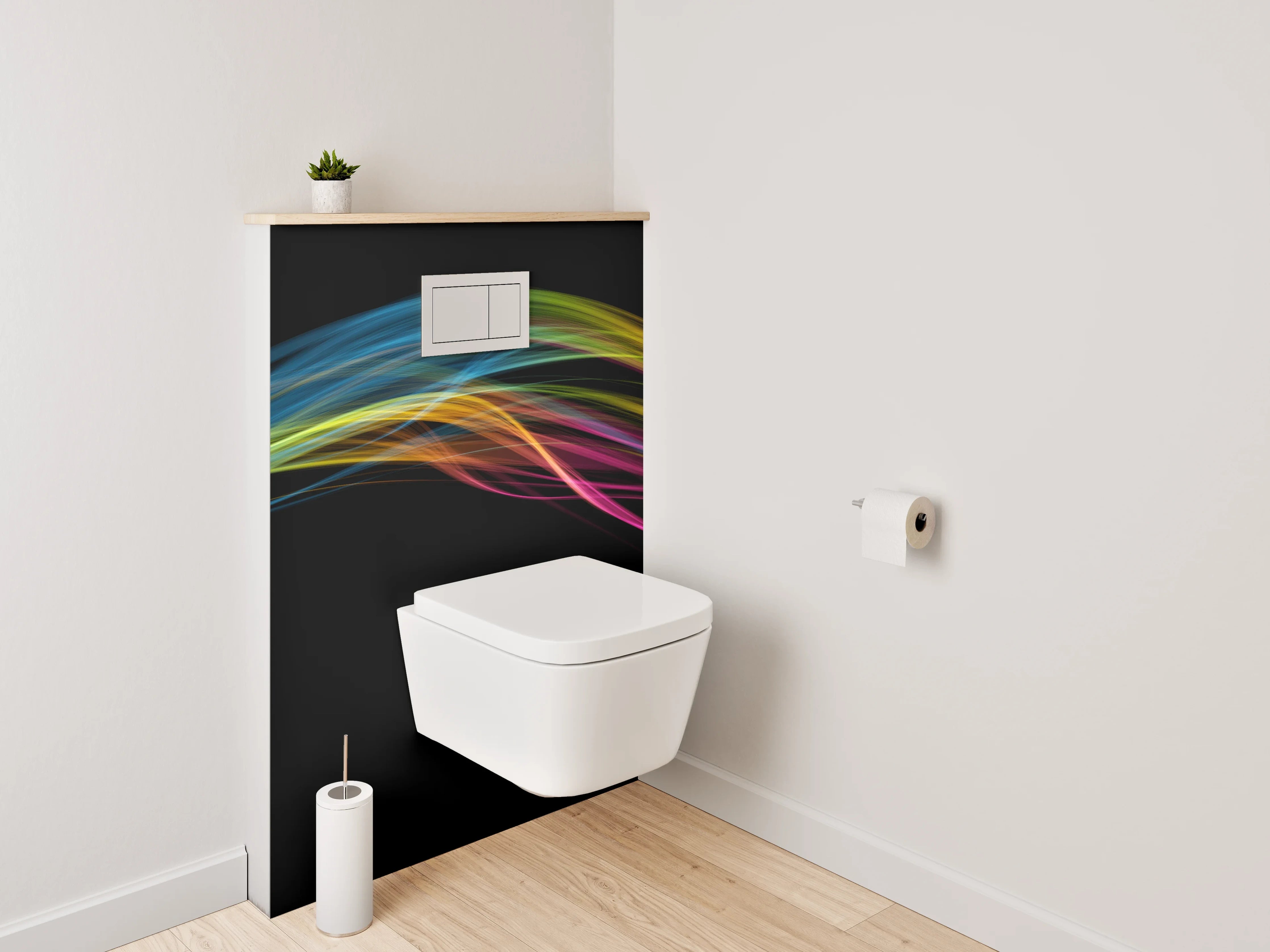 WC-Rückwand - Abstrakte Farbströme auf Schwarz