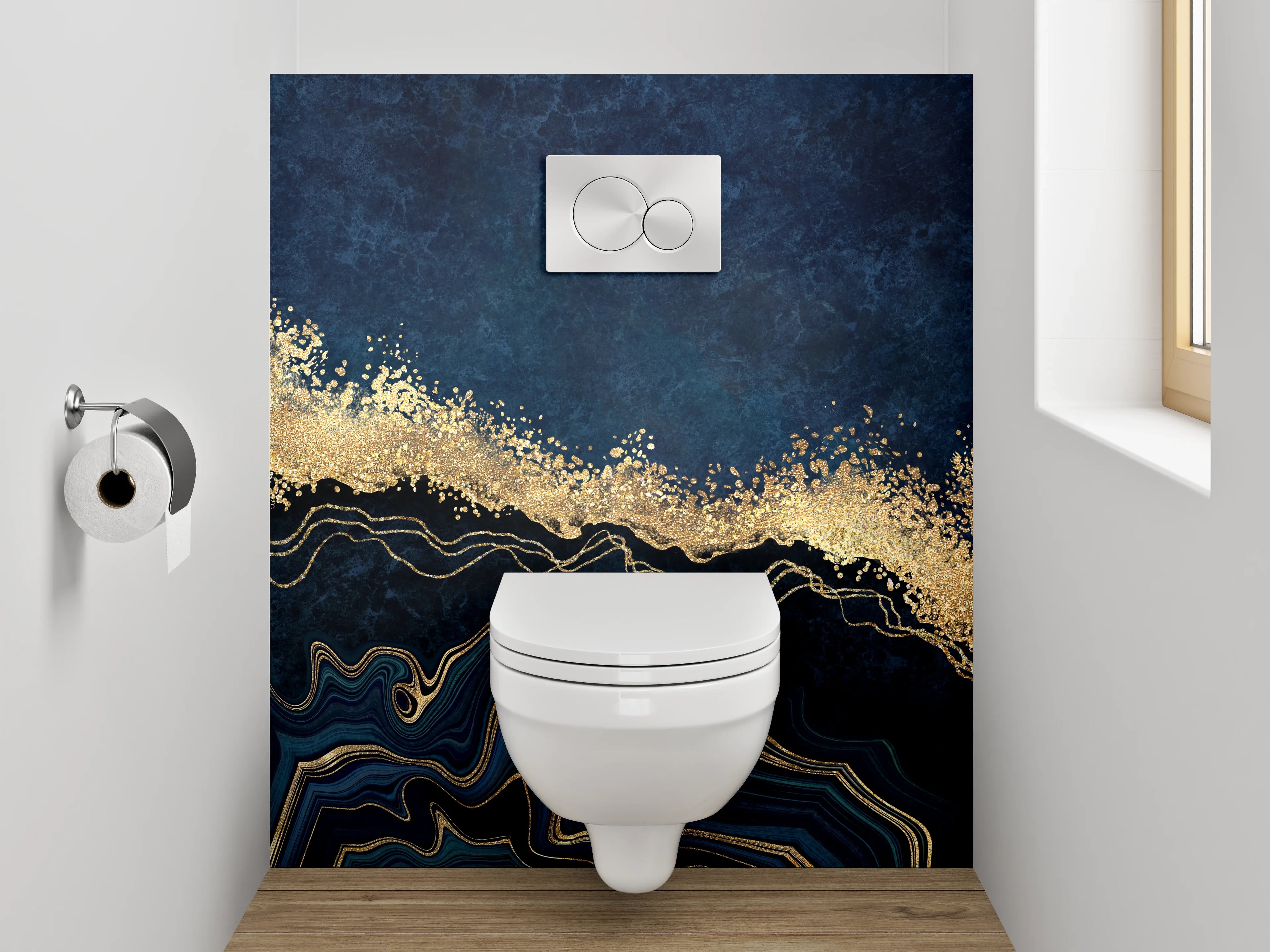WC-Rückwand - Abstrakte Gold-Welle auf Dunkelblau