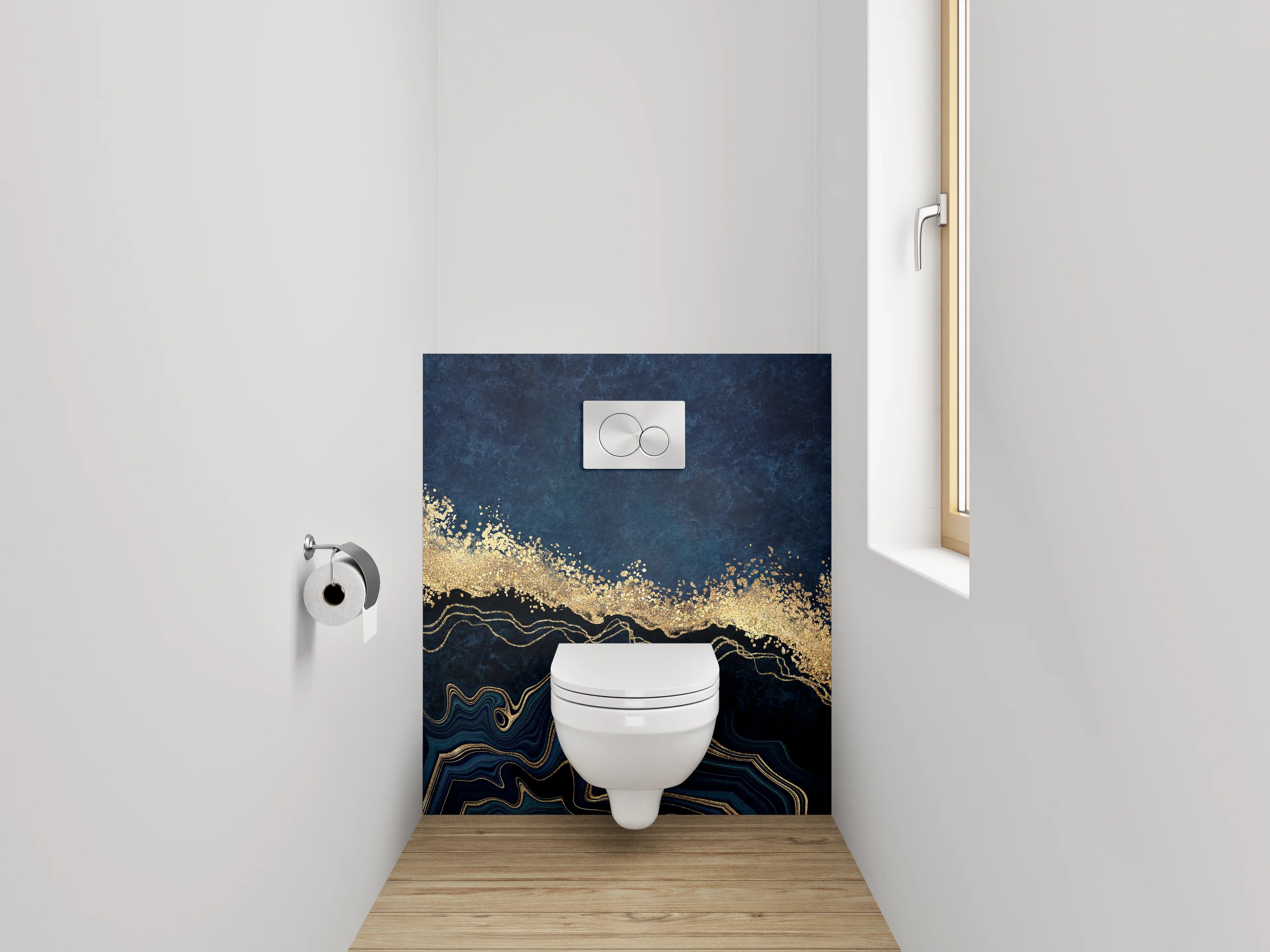 WC-Rückwand - Abstrakte Gold-Welle auf Dunkelblau