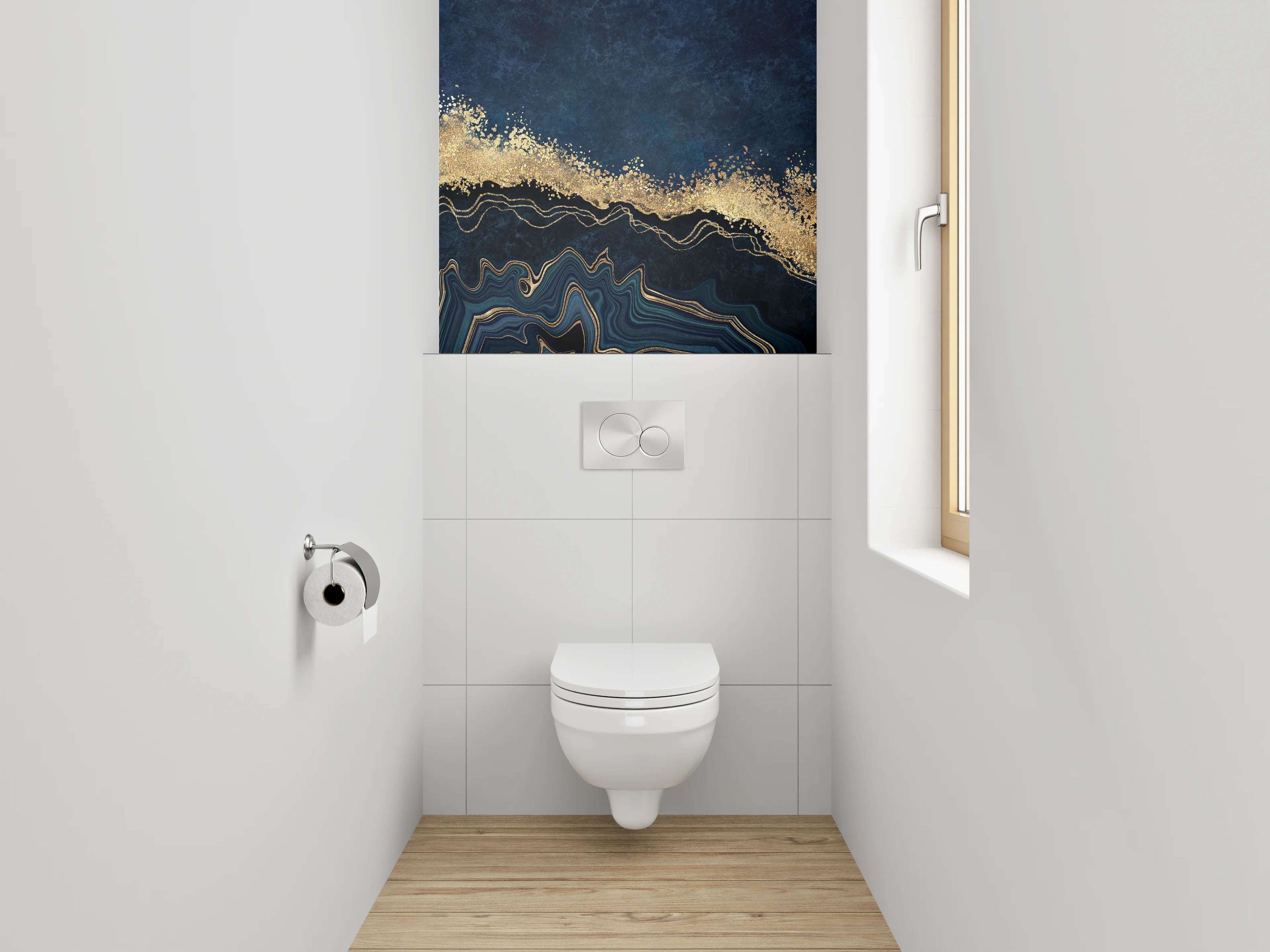 WC-Rückwand - Abstrakte Gold-Welle auf Dunkelblau