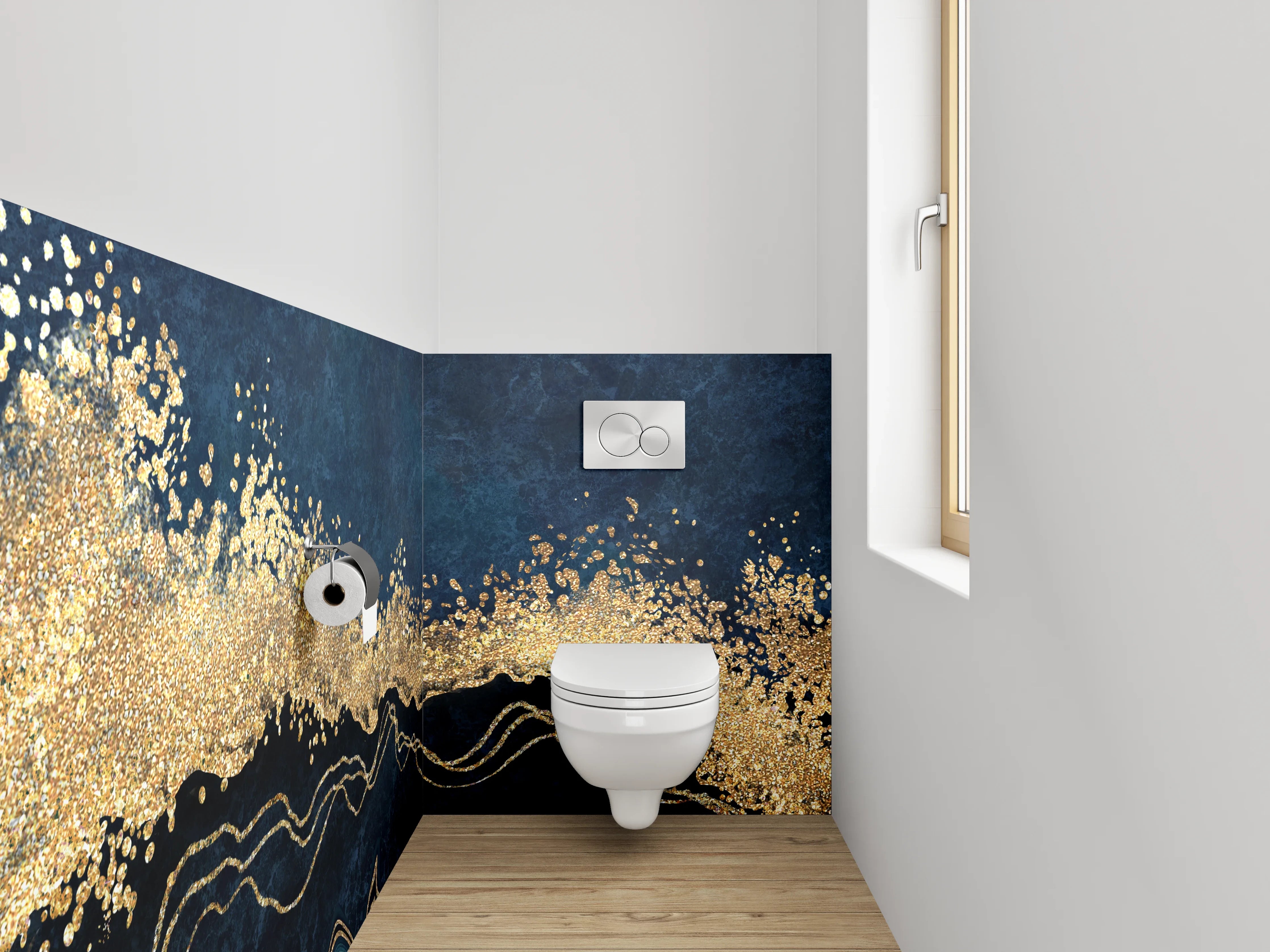 WC-Rückwand - Abstrakte Gold-Welle auf Dunkelblau