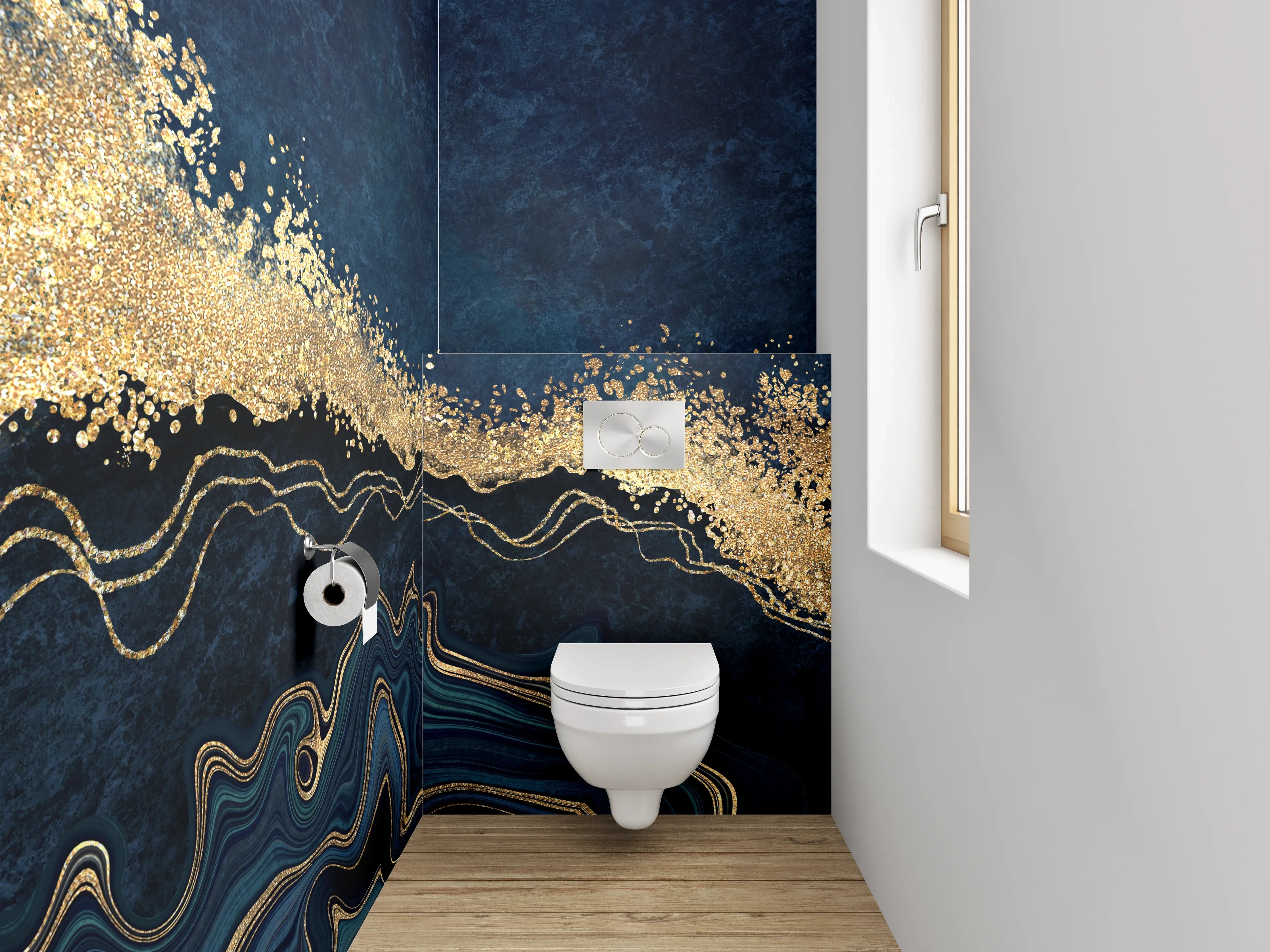 WC-Rückwand - Abstrakte Gold-Welle auf Dunkelblau