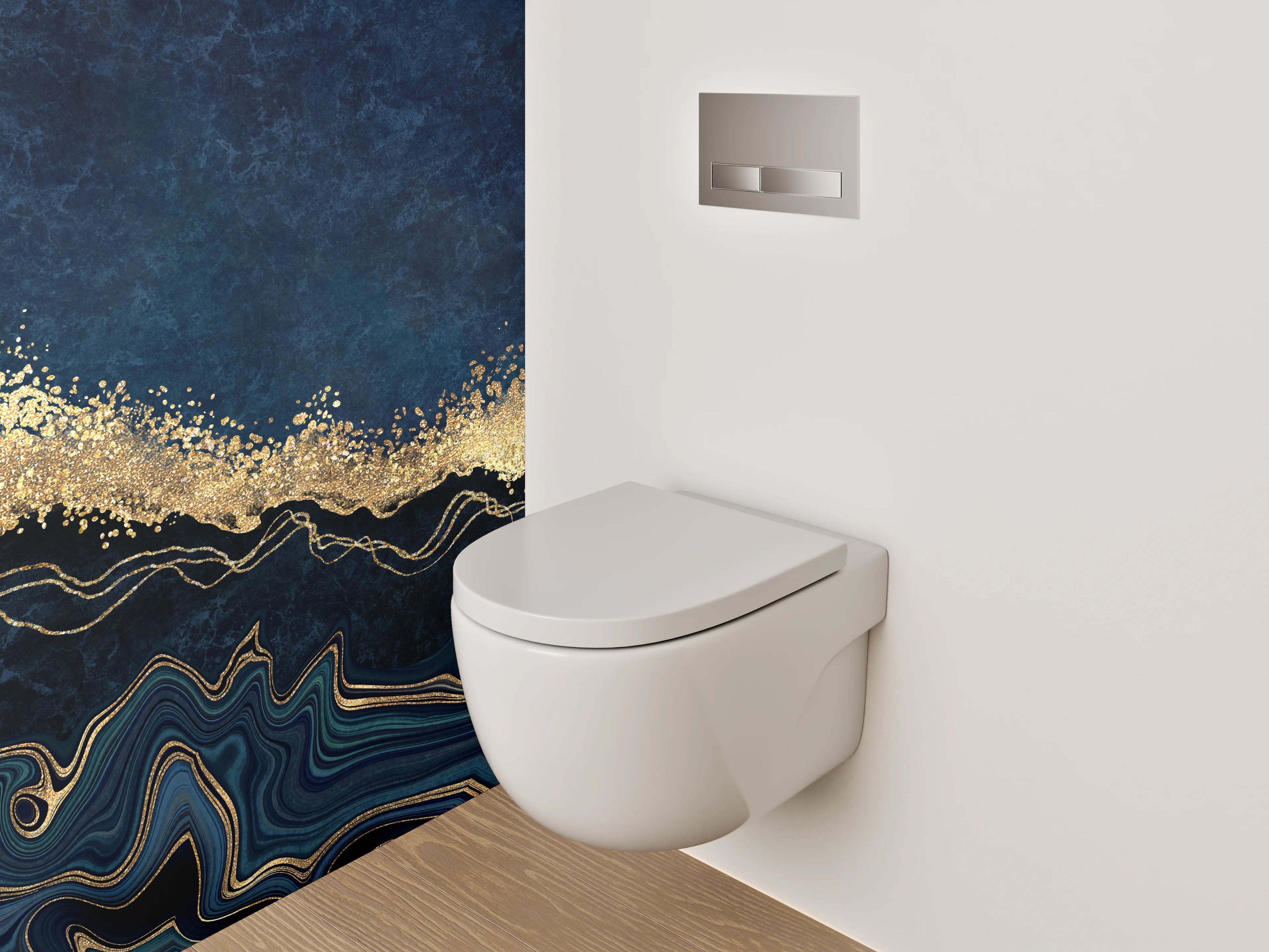 WC-Rückwand - Abstrakte Gold-Welle auf Dunkelblau