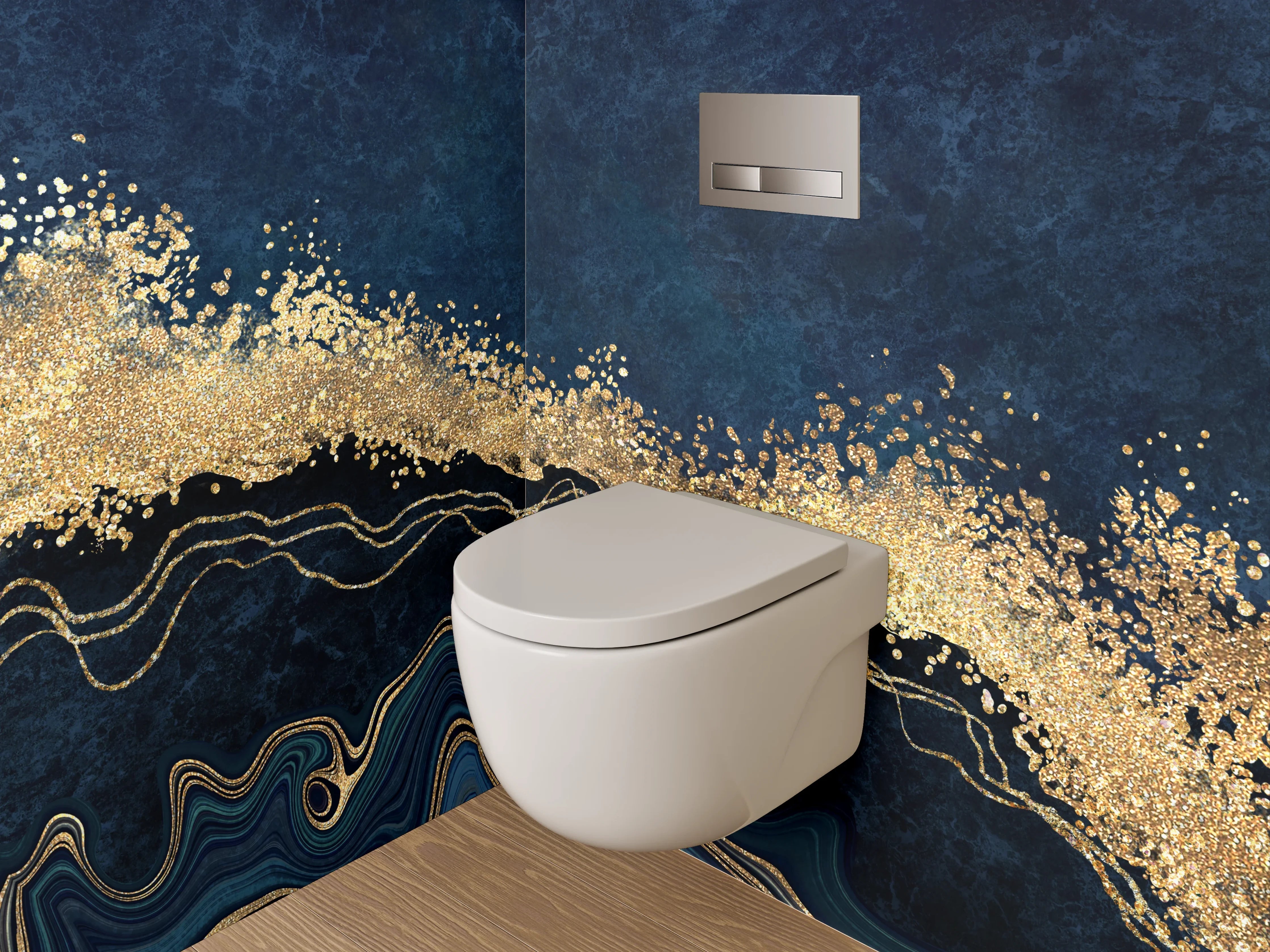 WC-Rückwand - Abstrakte Gold-Welle auf Dunkelblau