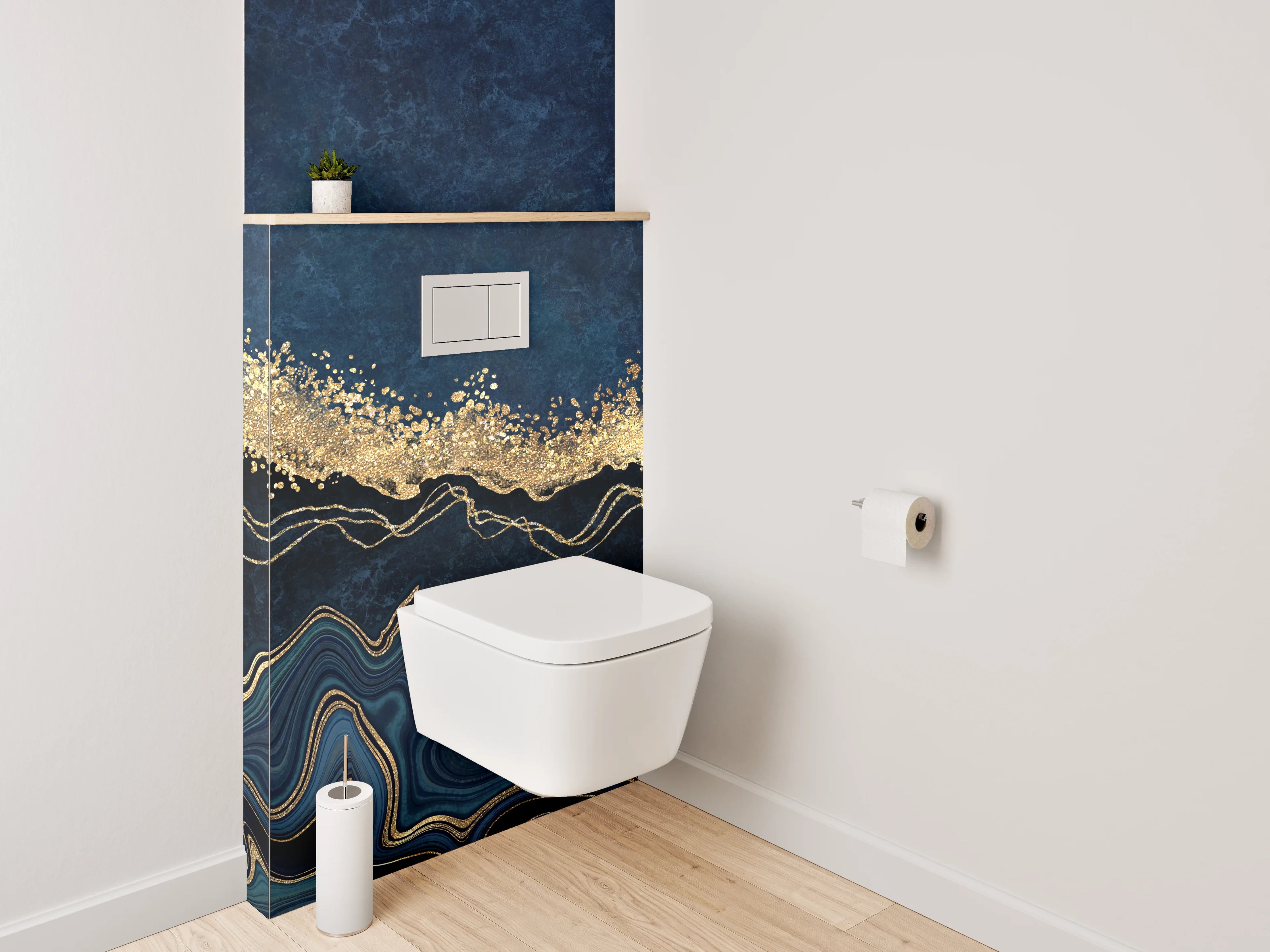 WC-Rückwand - Abstrakte Gold-Welle auf Dunkelblau