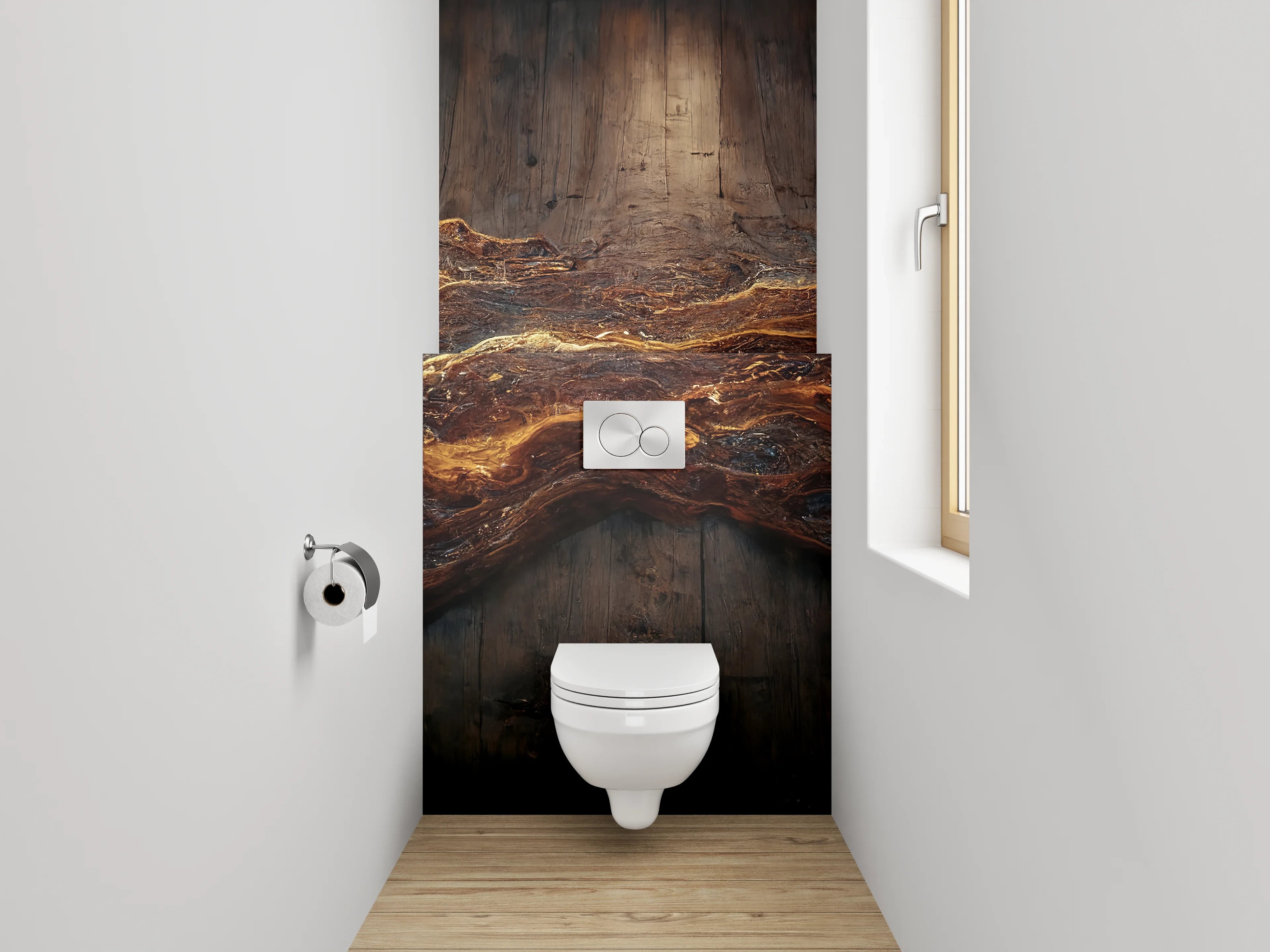 WC-Rückwand - Abstrakte Holzstruktur mit goldenen Adern