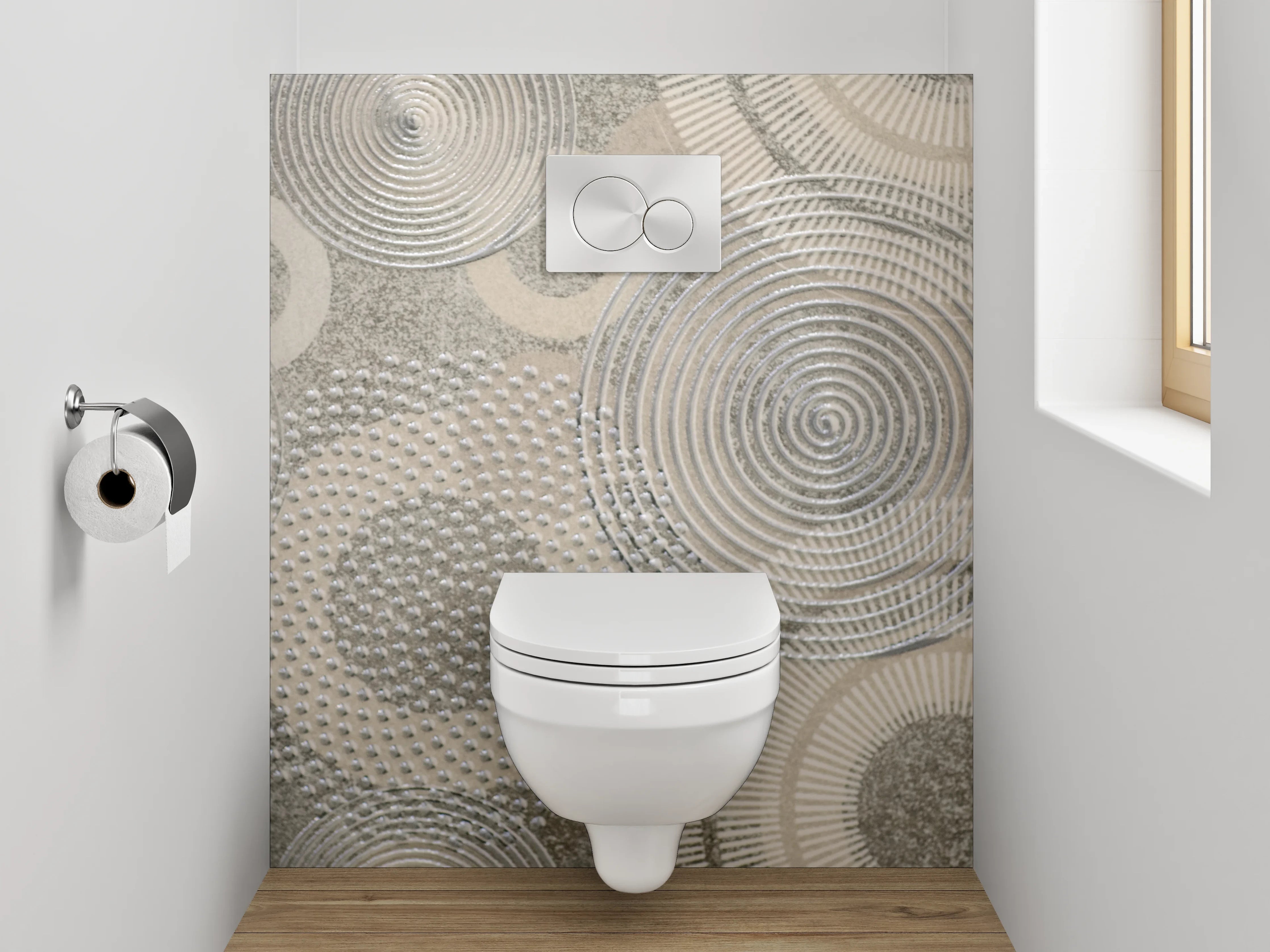 WC-Rückwand - Abstrakte Kreismuster in Grau und Weiß