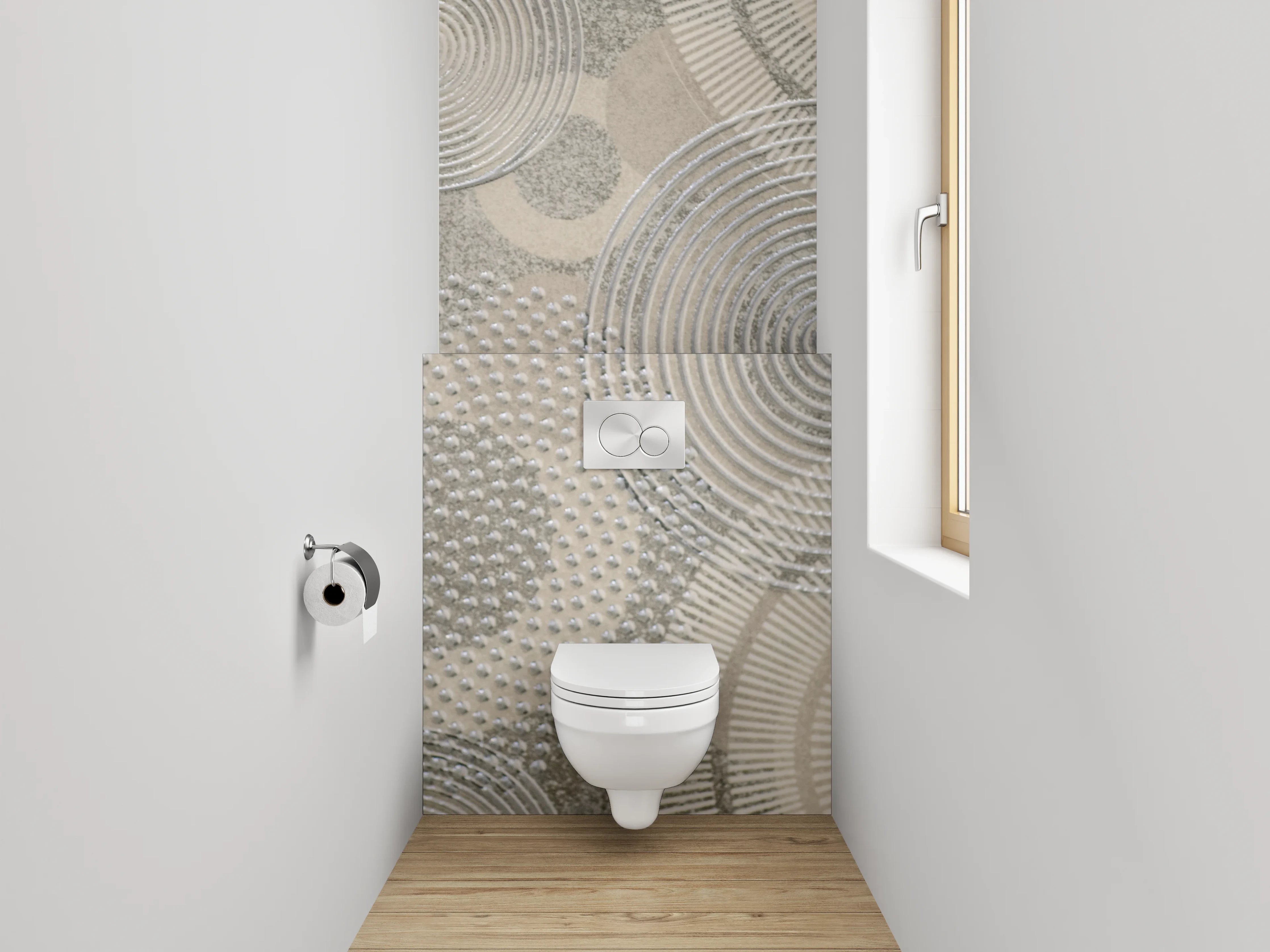WC-Rückwand - Abstrakte Kreismuster in Grau und Weiß
