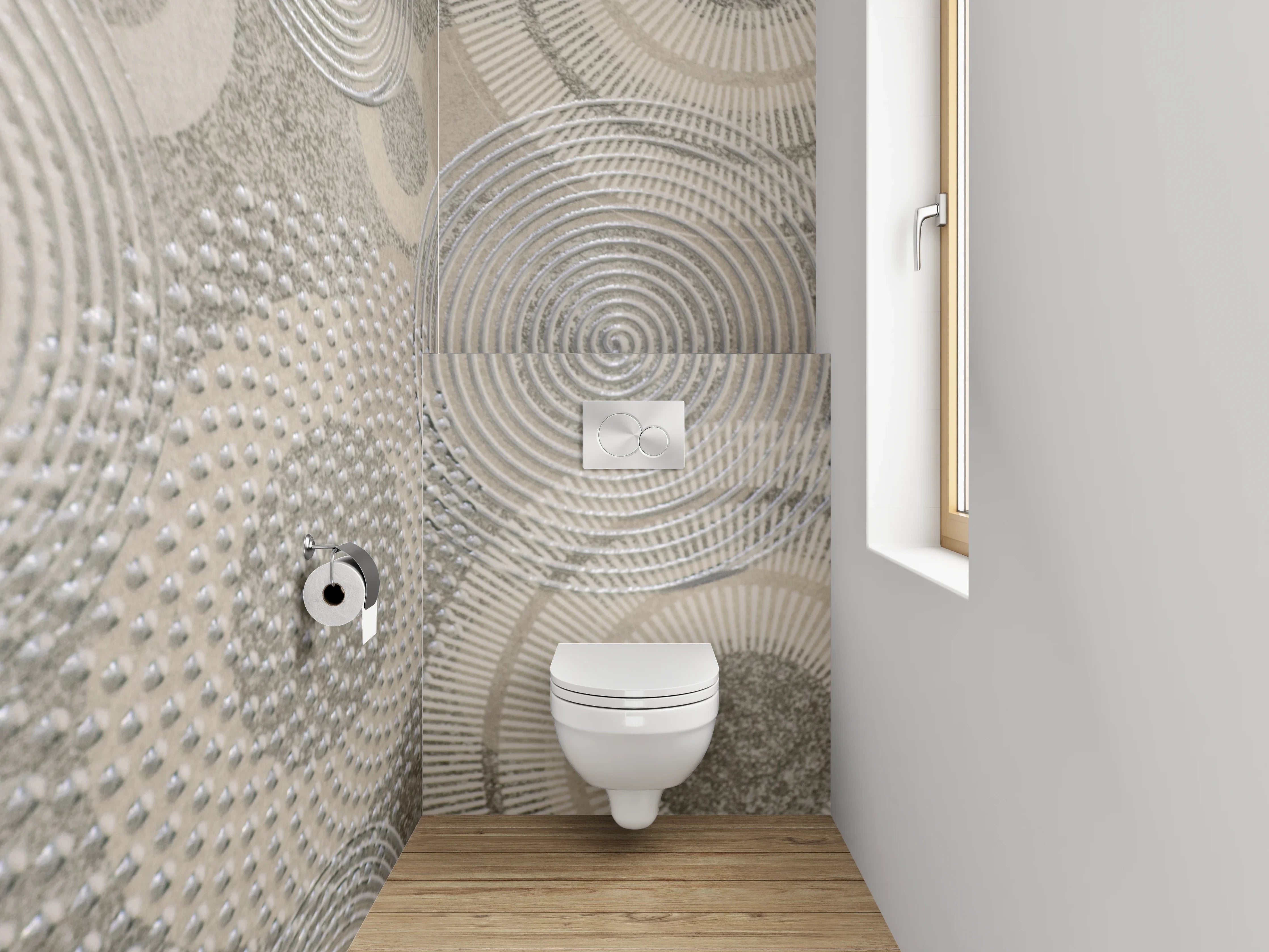 WC-Rückwand - Abstrakte Kreismuster in Grau und Weiß