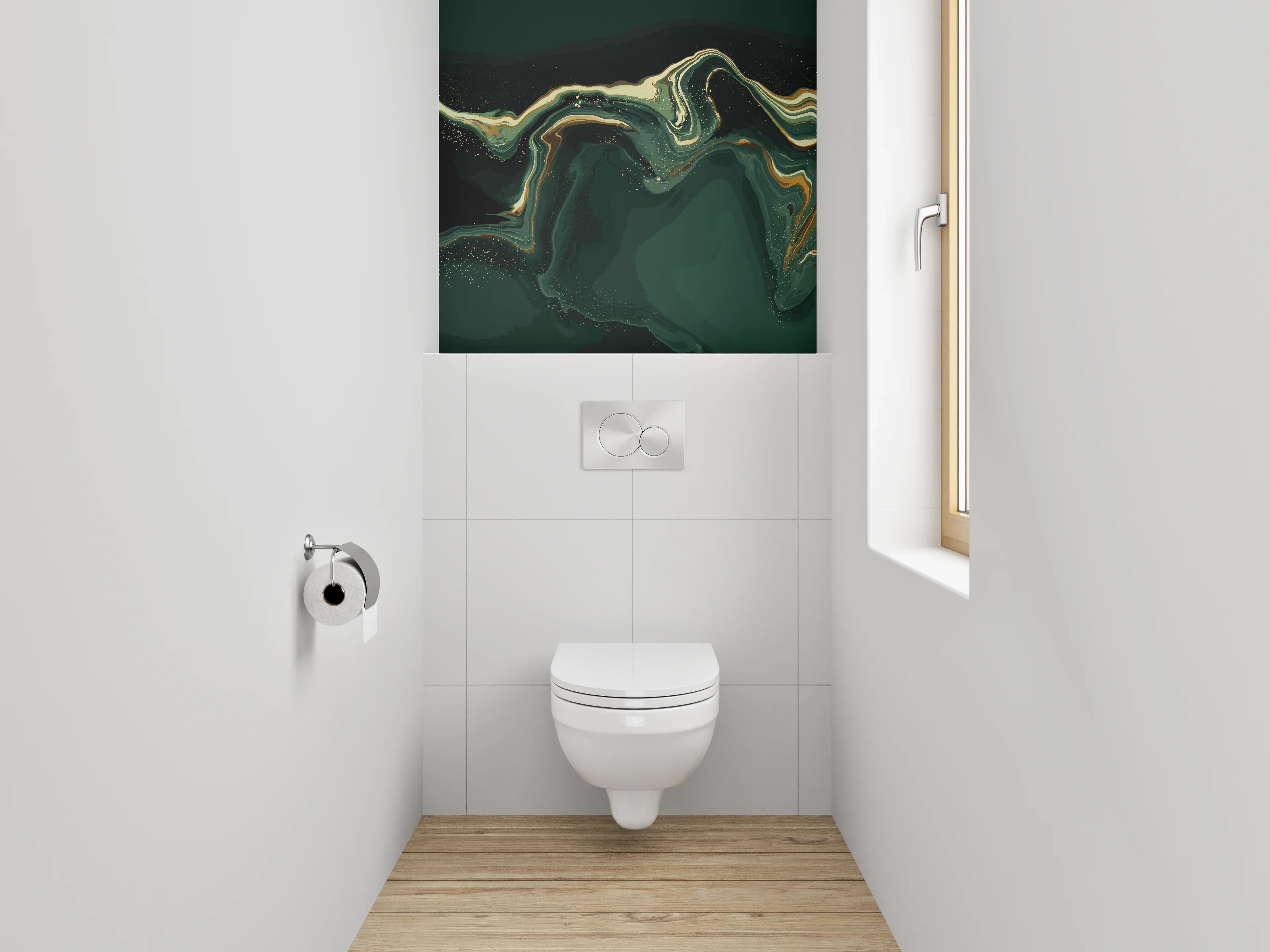WC-Rückwand - Abstrakte Kunst in Grüntönen und Gold