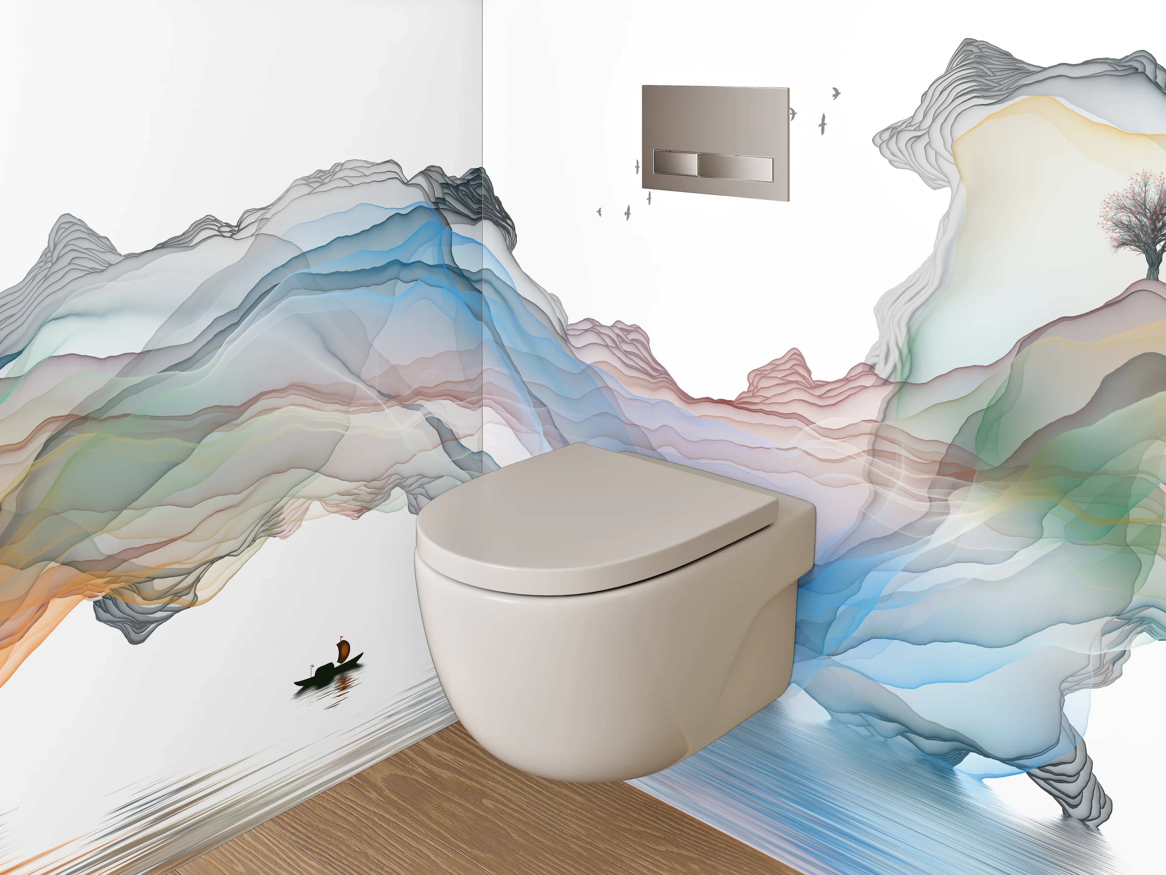 WC-Rückwand - Abstrakte Landschaft Aquarell Spiegelung