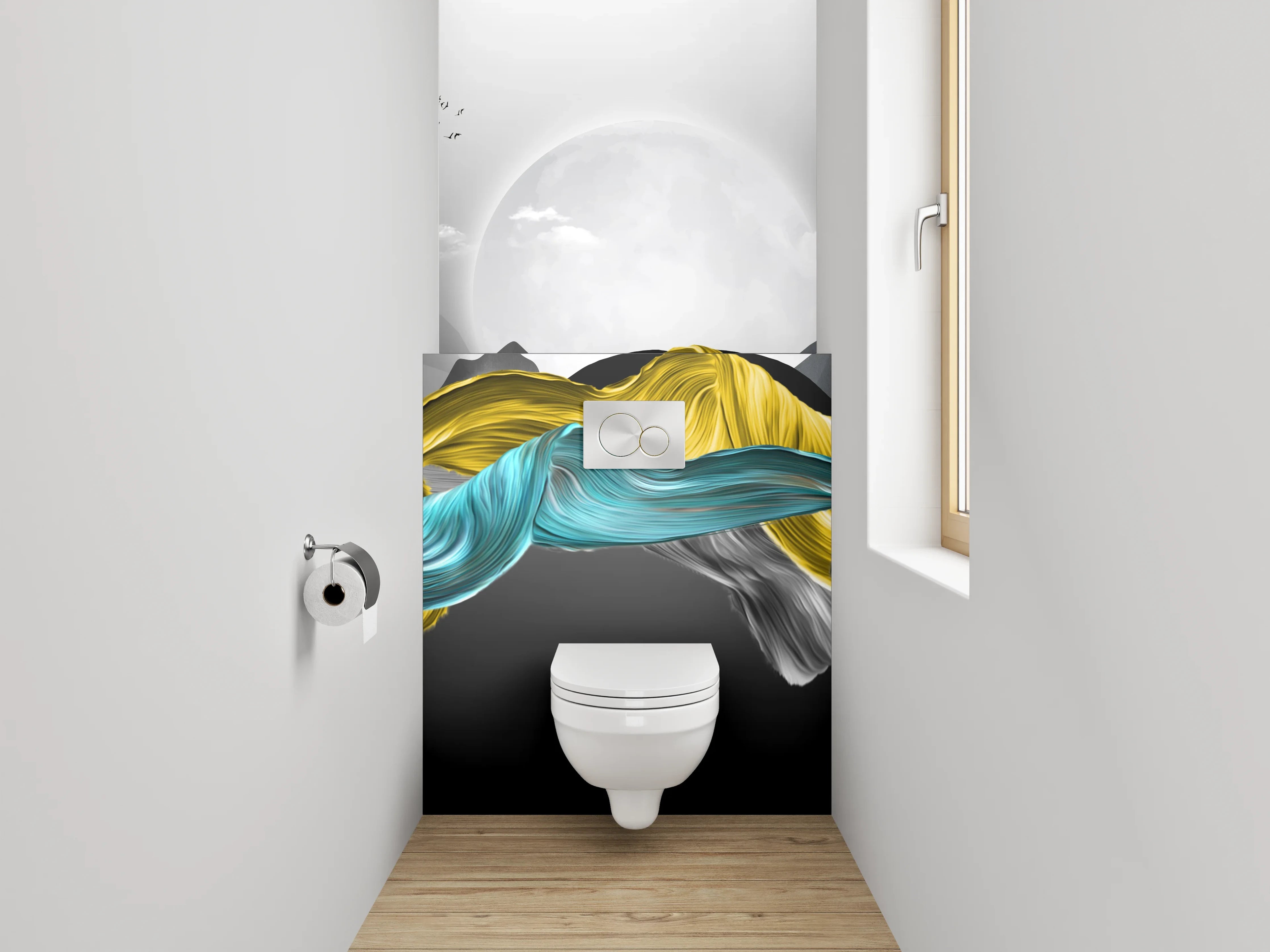 WC-Rückwand - Abstrakte Landschaft in Gelb und Blau