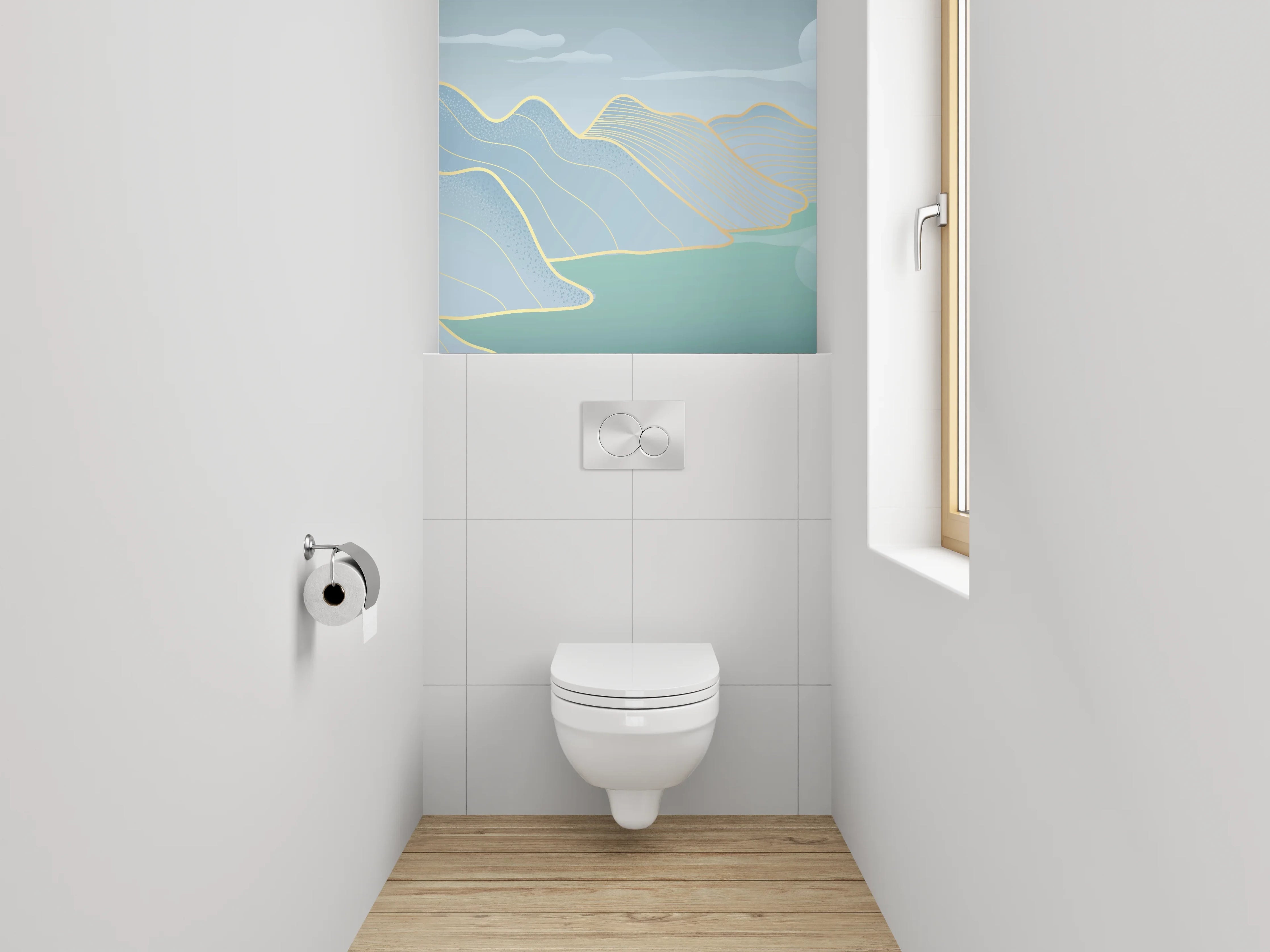 WC-Rückwand - Abstrakte Landschaft in zarten Blautönen