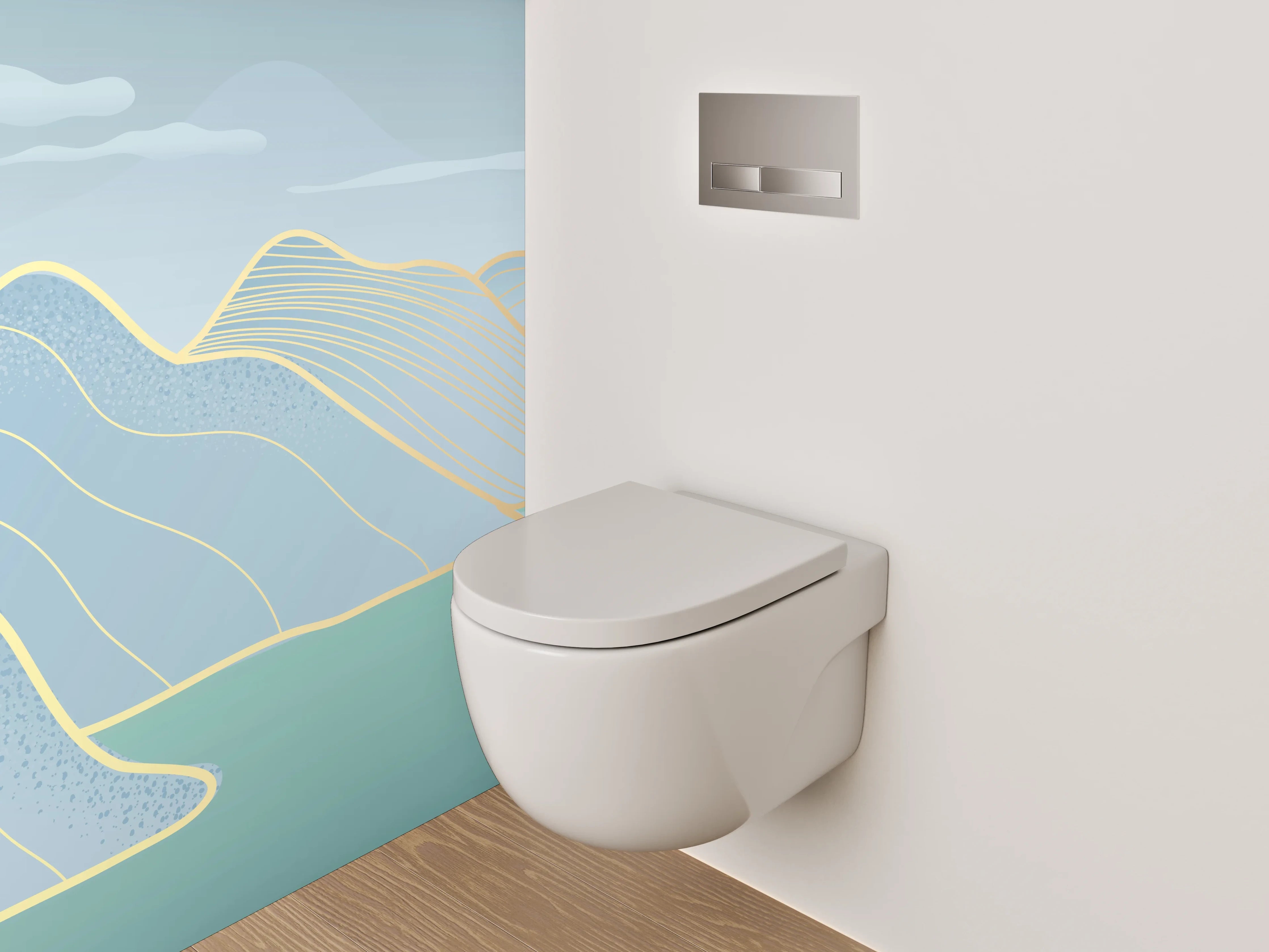 WC-Rückwand - Abstrakte Landschaft in zarten Blautönen